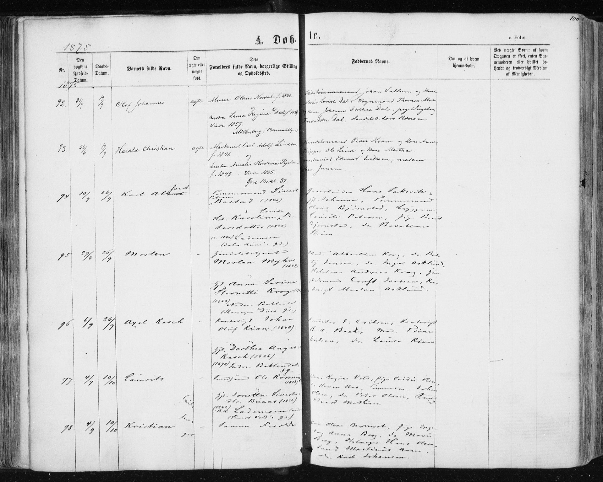 Ministerialprotokoller, klokkerbøker og fødselsregistre - Sør-Trøndelag, AV/SAT-A-1456/604/L0186: Parish register (official) no. 604A07, 1866-1877, p. 100