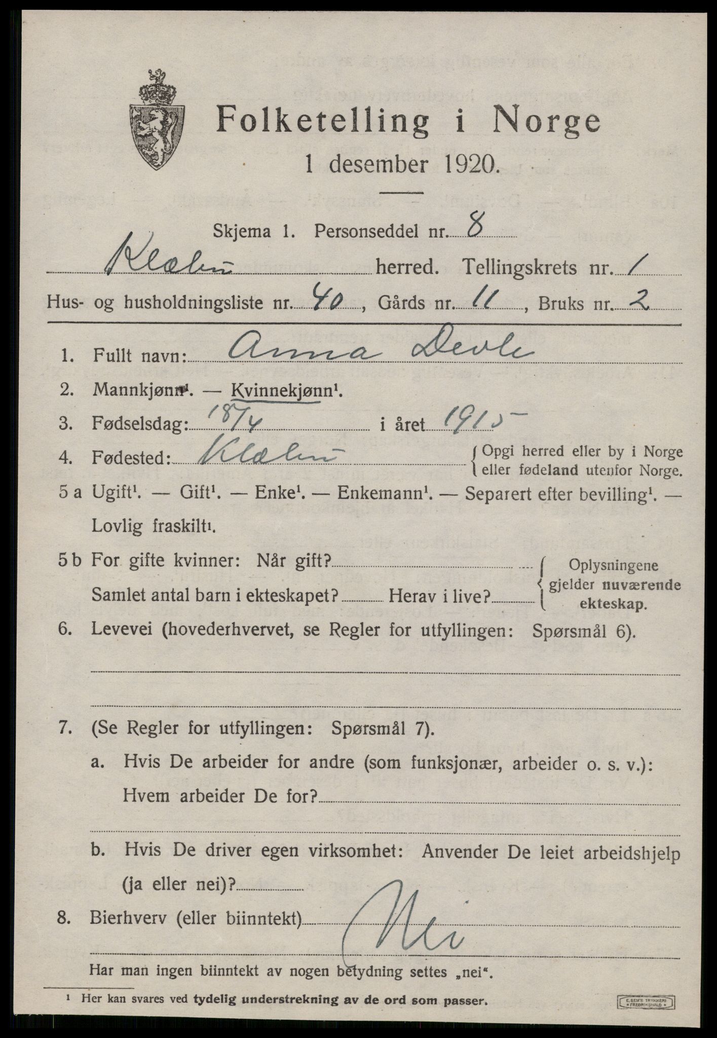 SAT, 1920 census for Klæbu, 1920, p. 900