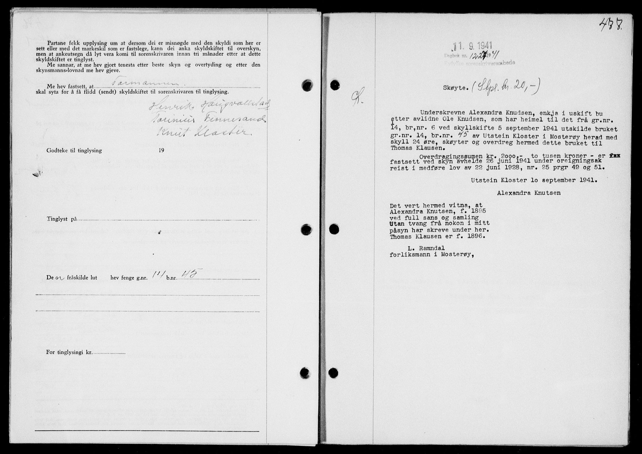Ryfylke tingrett, SAST/A-100055/001/II/IIB/L0085: Mortgage book no. 64, 1941-1941, Diary no: : 1227/1941