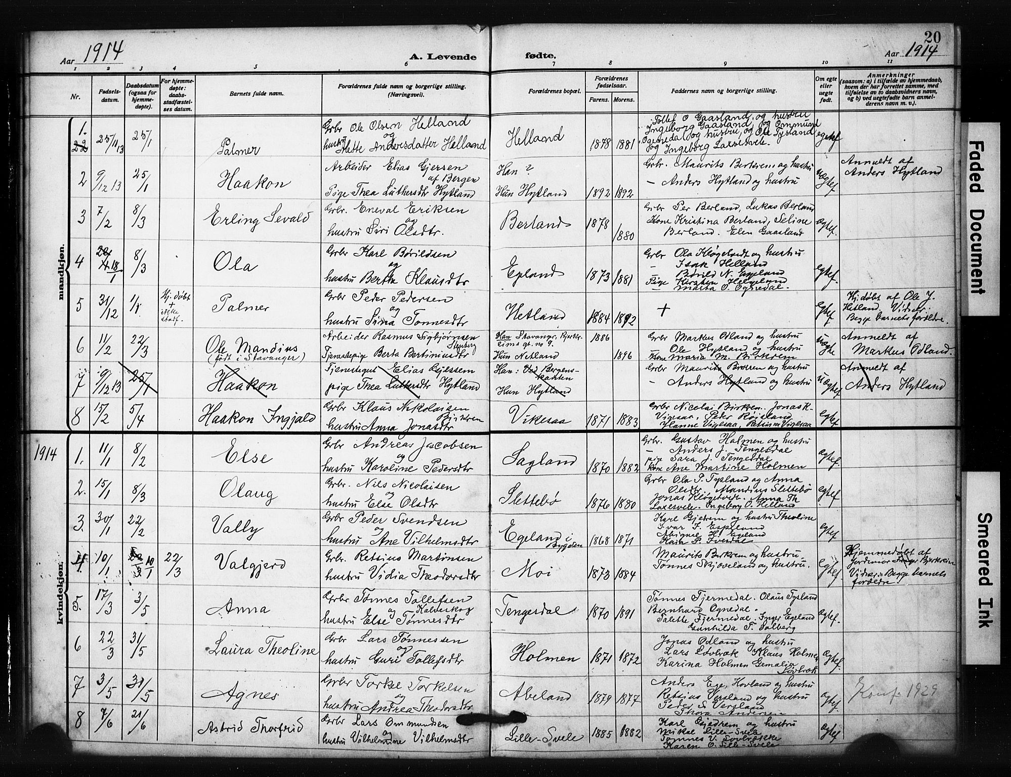 Helleland sokneprestkontor, AV/SAST-A-101810: Parish register (copy) no. B 6, 1909-1923, p. 20