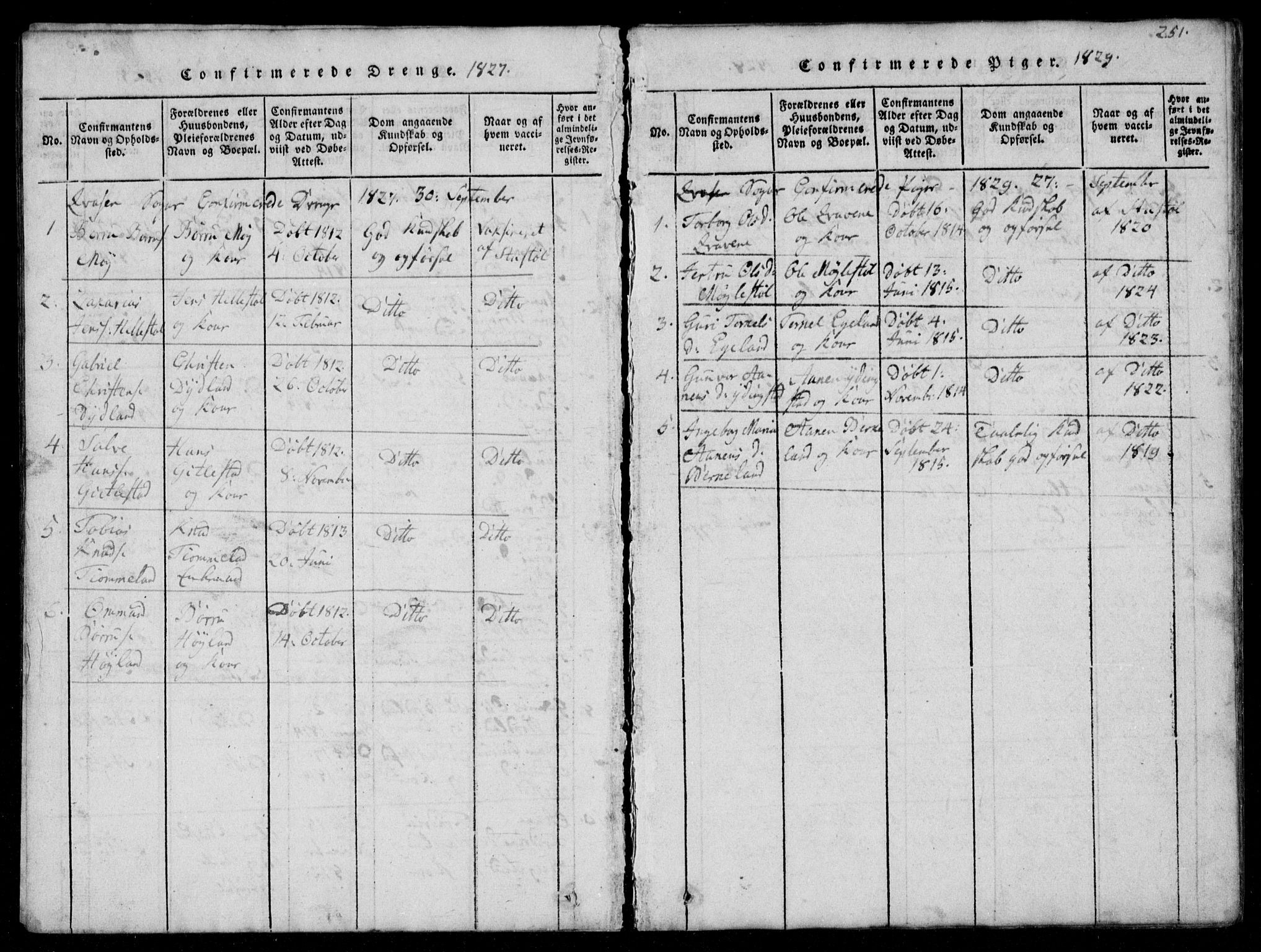 Lyngdal sokneprestkontor, AV/SAK-1111-0029/F/Fb/Fbb/L0001: Parish register (copy) no. B 1, 1816-1900, p. 251