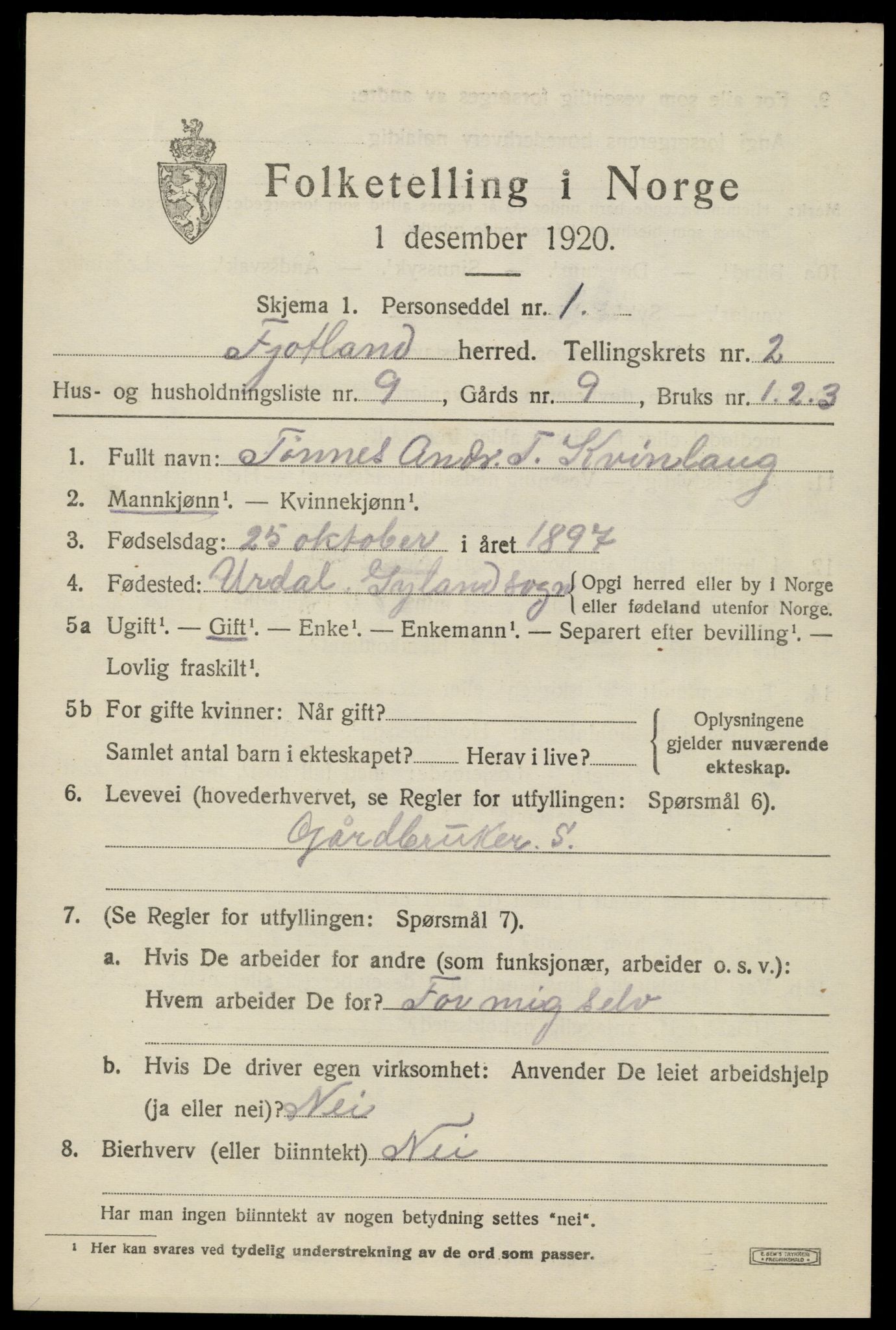 SAK, 1920 census for Fjotland, 1920, p. 768