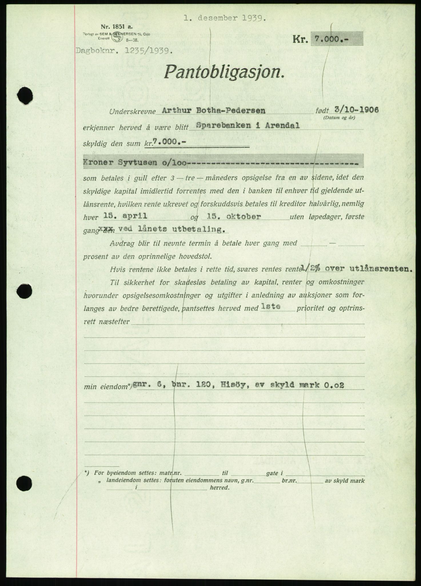 Nedenes sorenskriveri, SAK/1221-0006/G/Gb/Gbb/L0001: Mortgage book no. I, 1939-1942, Diary no: : 1235/1939