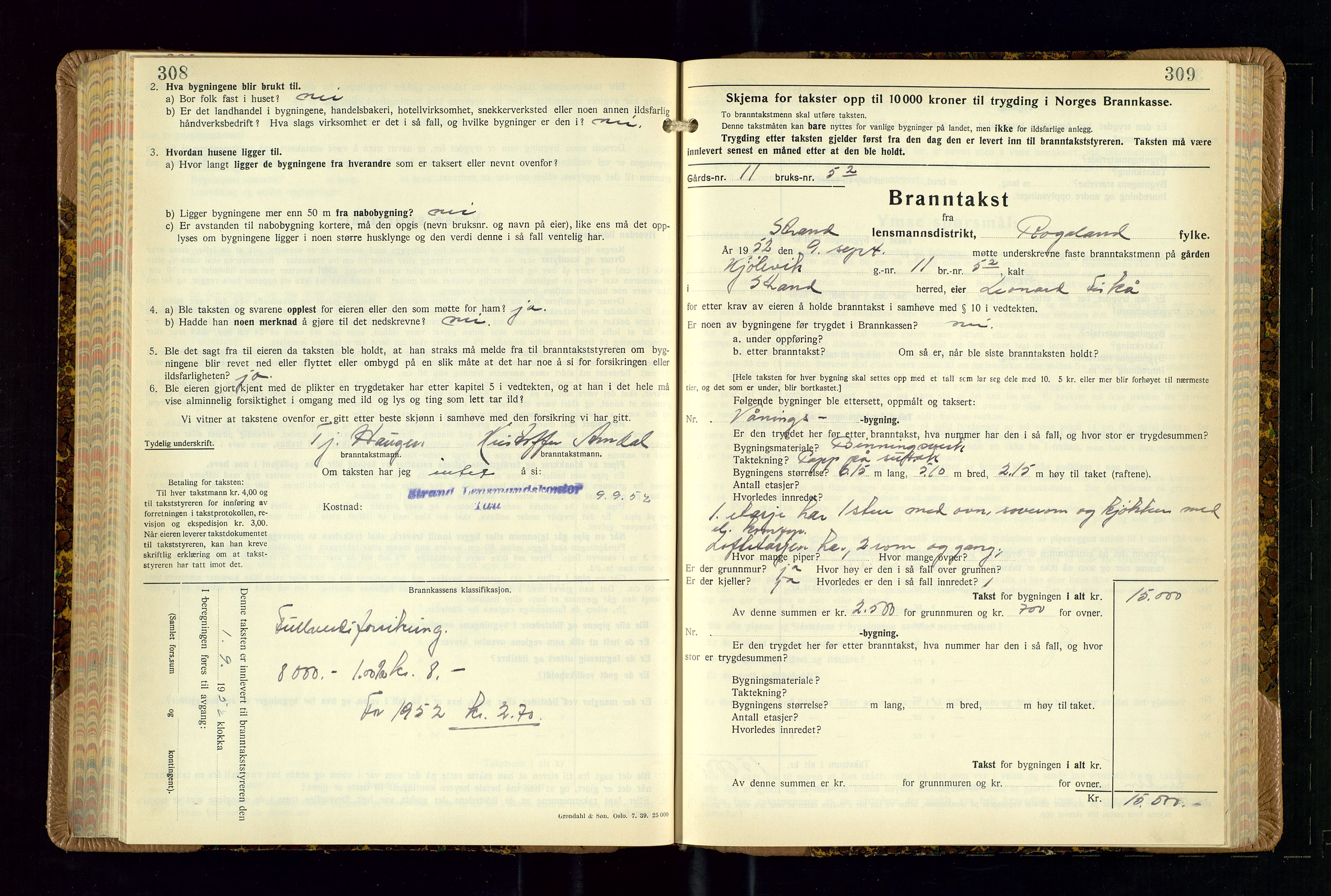 Strand og Forsand lensmannskontor, AV/SAST-A-100451/Gob/L0002: Branntakstprotokoll, 1942-1953, p. 308-309