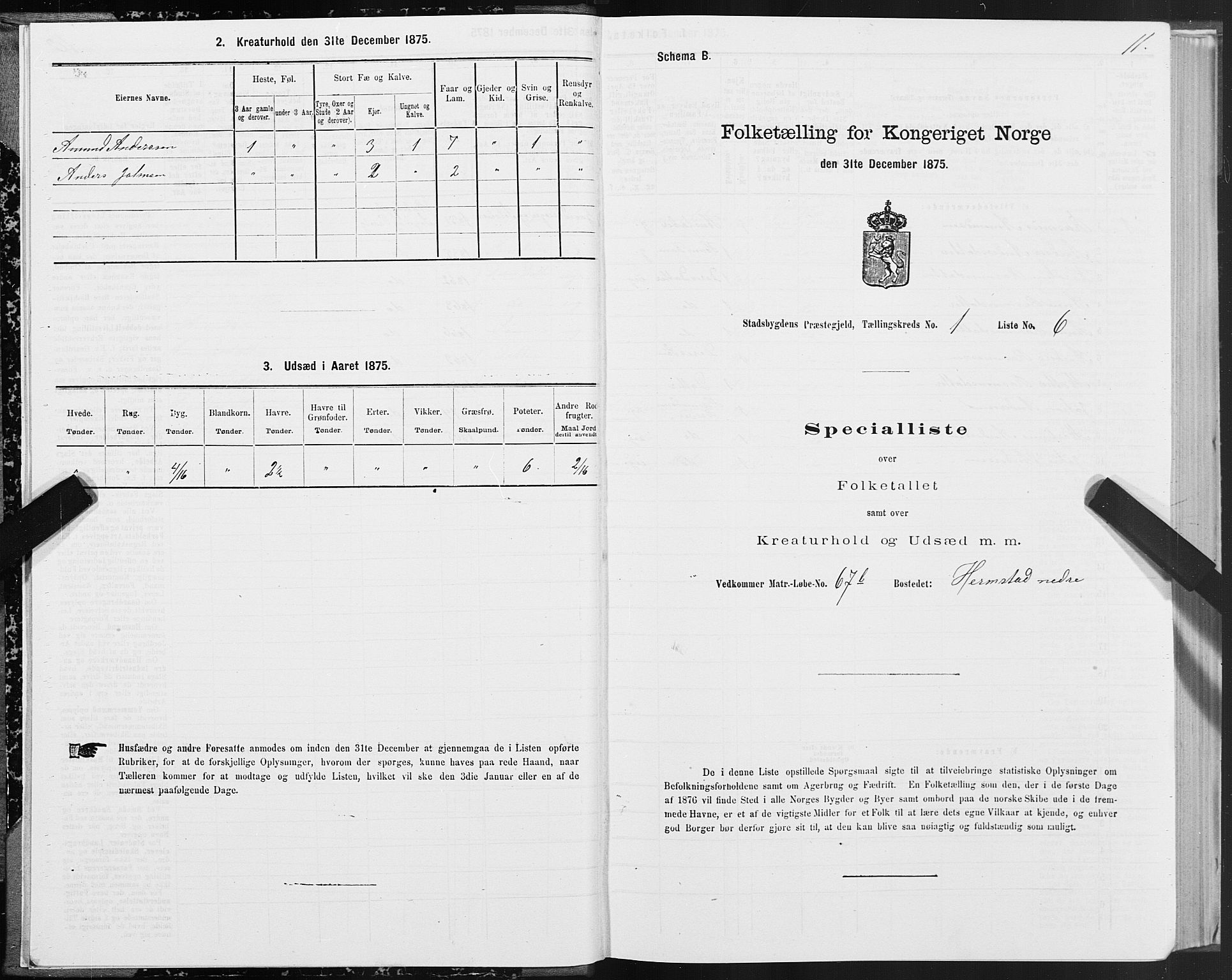 SAT, 1875 census for 1625P Stadsbygd, 1875, p. 1011