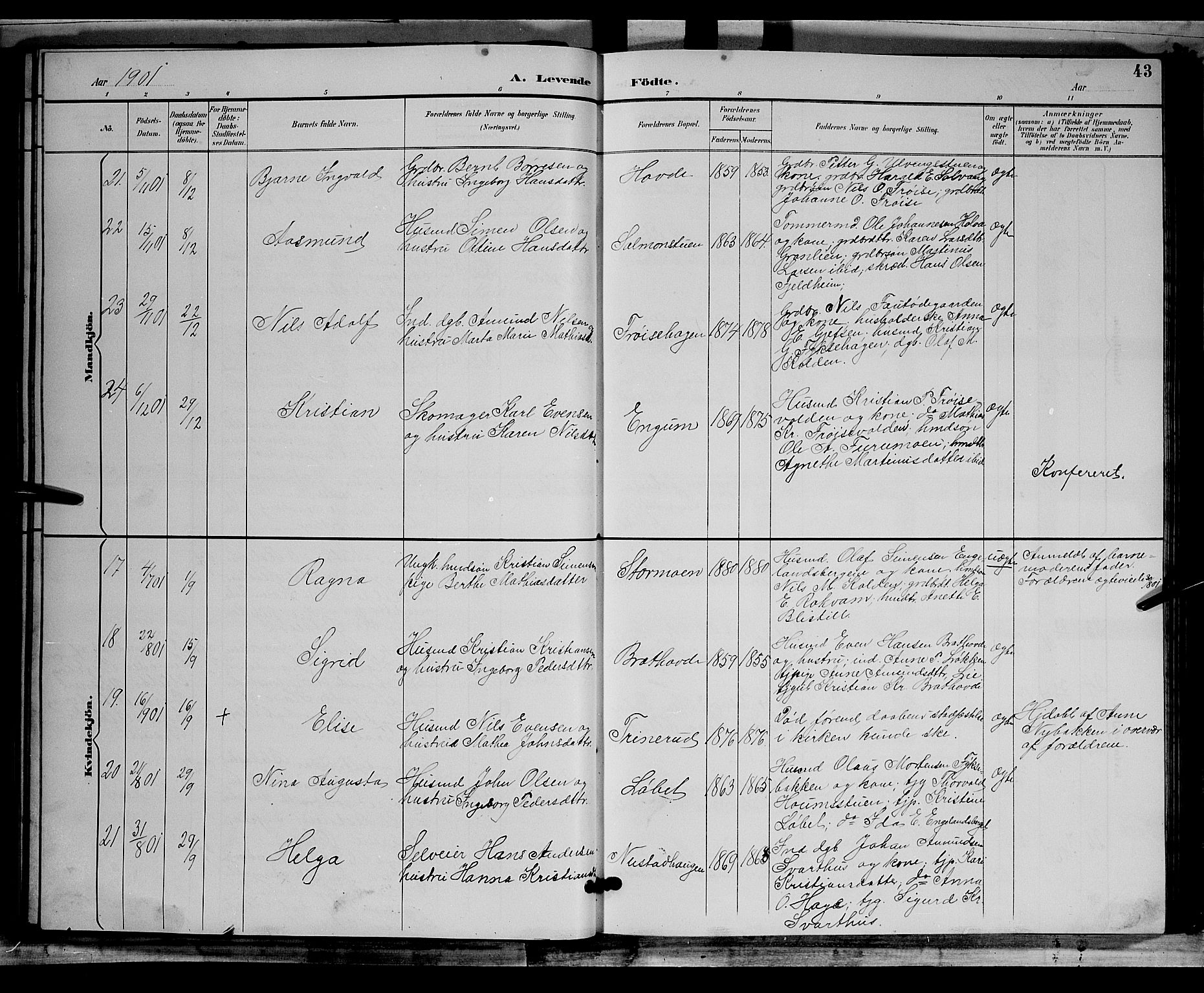 Østre Gausdal prestekontor, SAH/PREST-092/H/Ha/Hab/L0002: Parish register (copy) no. 2, 1894-1904, p. 43