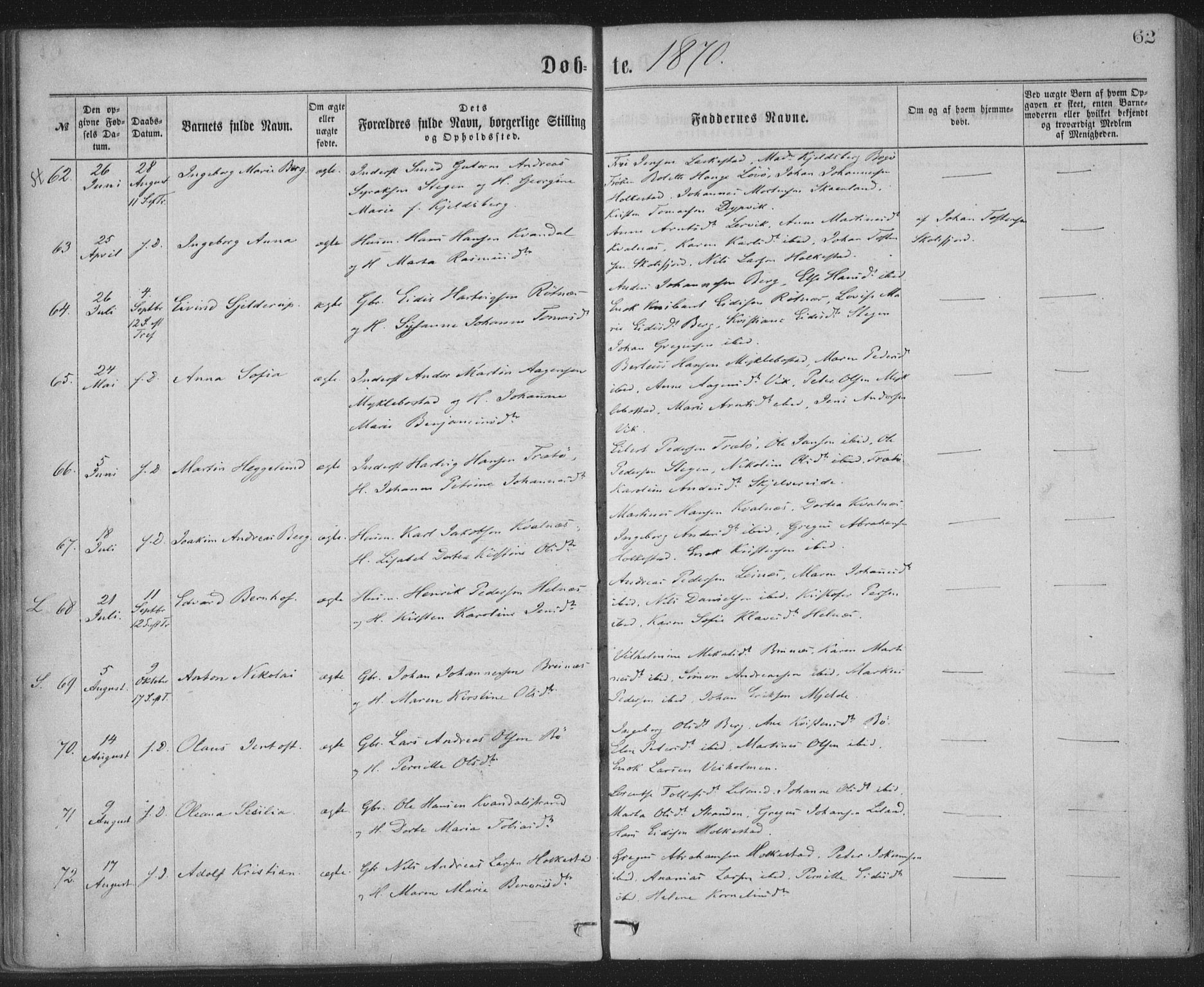 Ministerialprotokoller, klokkerbøker og fødselsregistre - Nordland, AV/SAT-A-1459/855/L0801: Parish register (official) no. 855A09, 1864-1874, p. 62