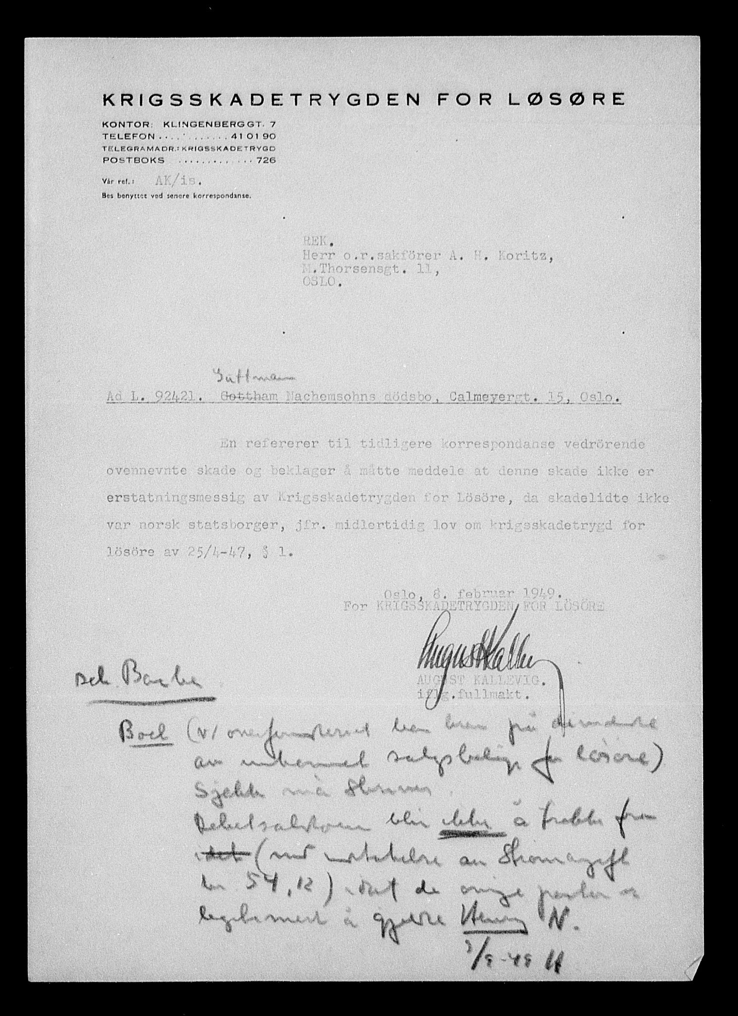 Justisdepartementet, Tilbakeføringskontoret for inndratte formuer, AV/RA-S-1564/H/Hc/Hcc/L0967: --, 1945-1947, p. 12