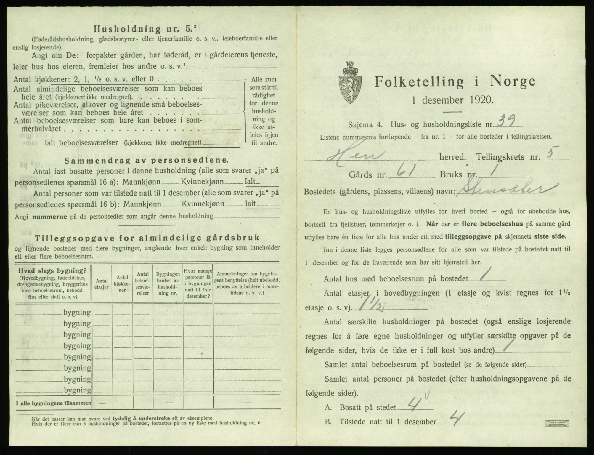 SAT, 1920 census for Hen, 1920, p. 454