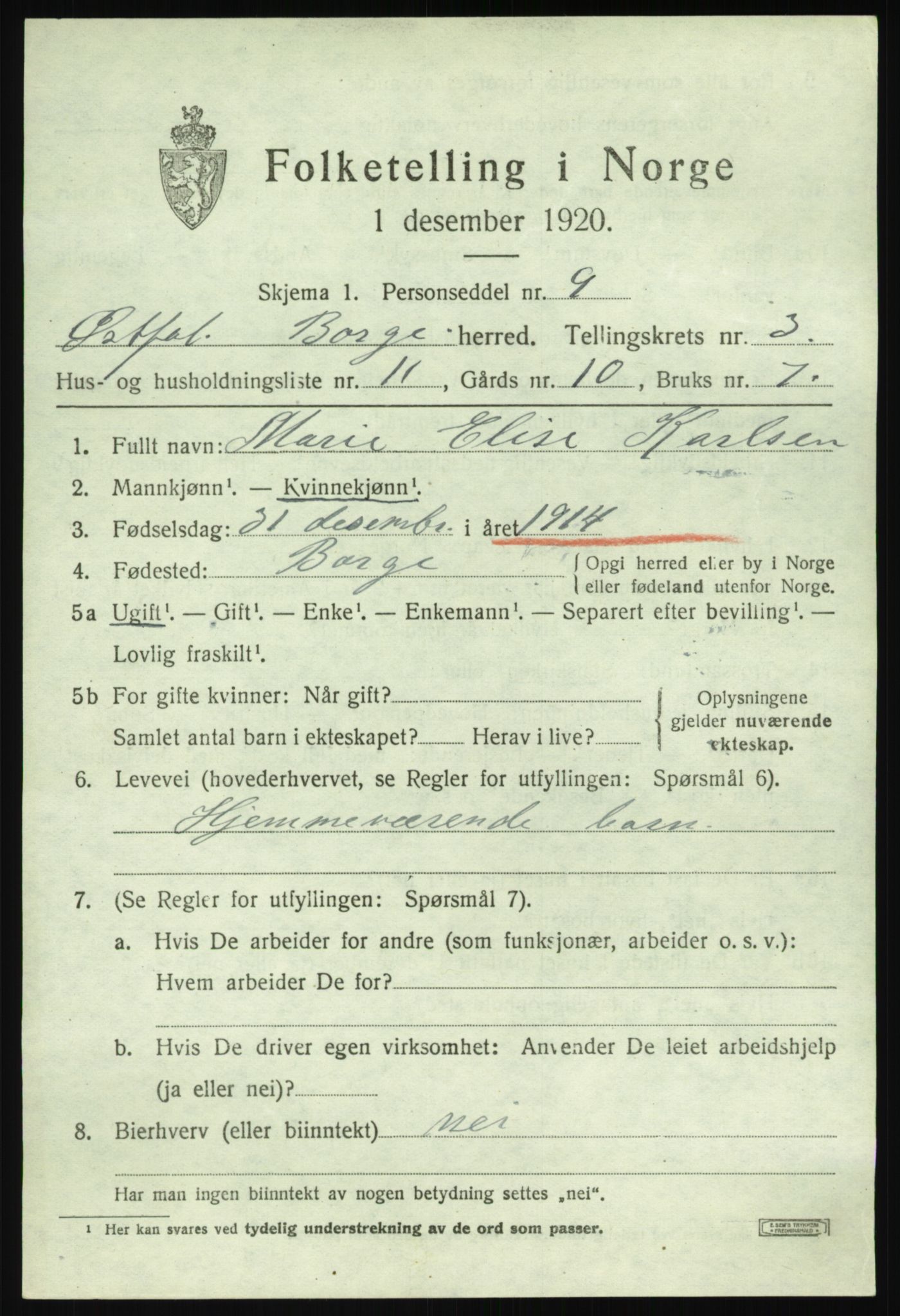 SAO, 1920 census for Borge, 1920, p. 3441