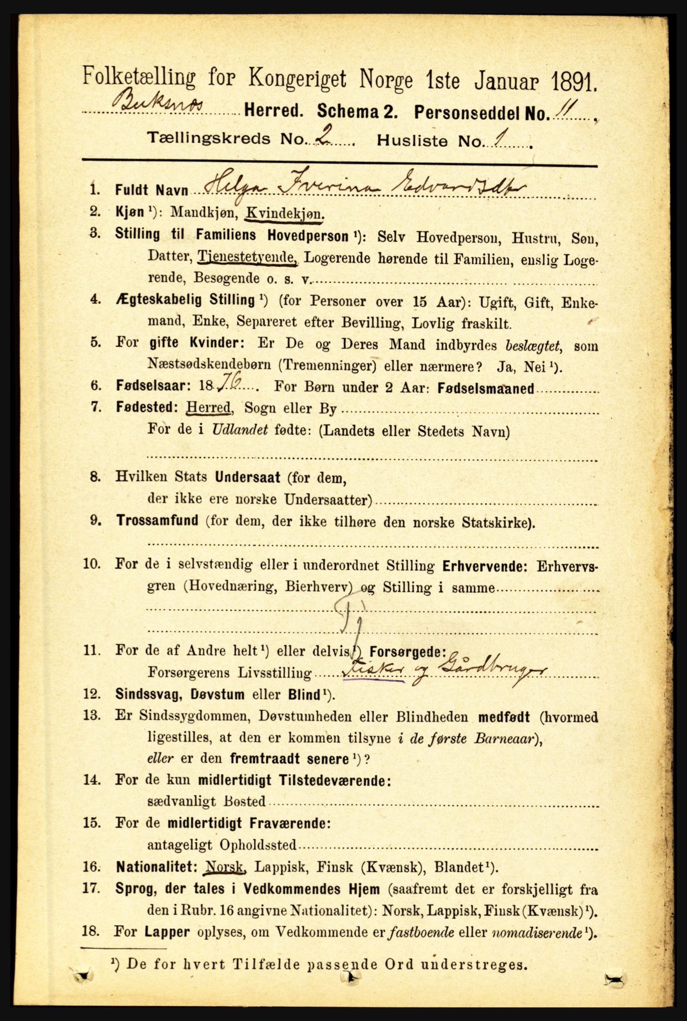 RA, 1891 census for 1860 Buksnes, 1891, p. 1604