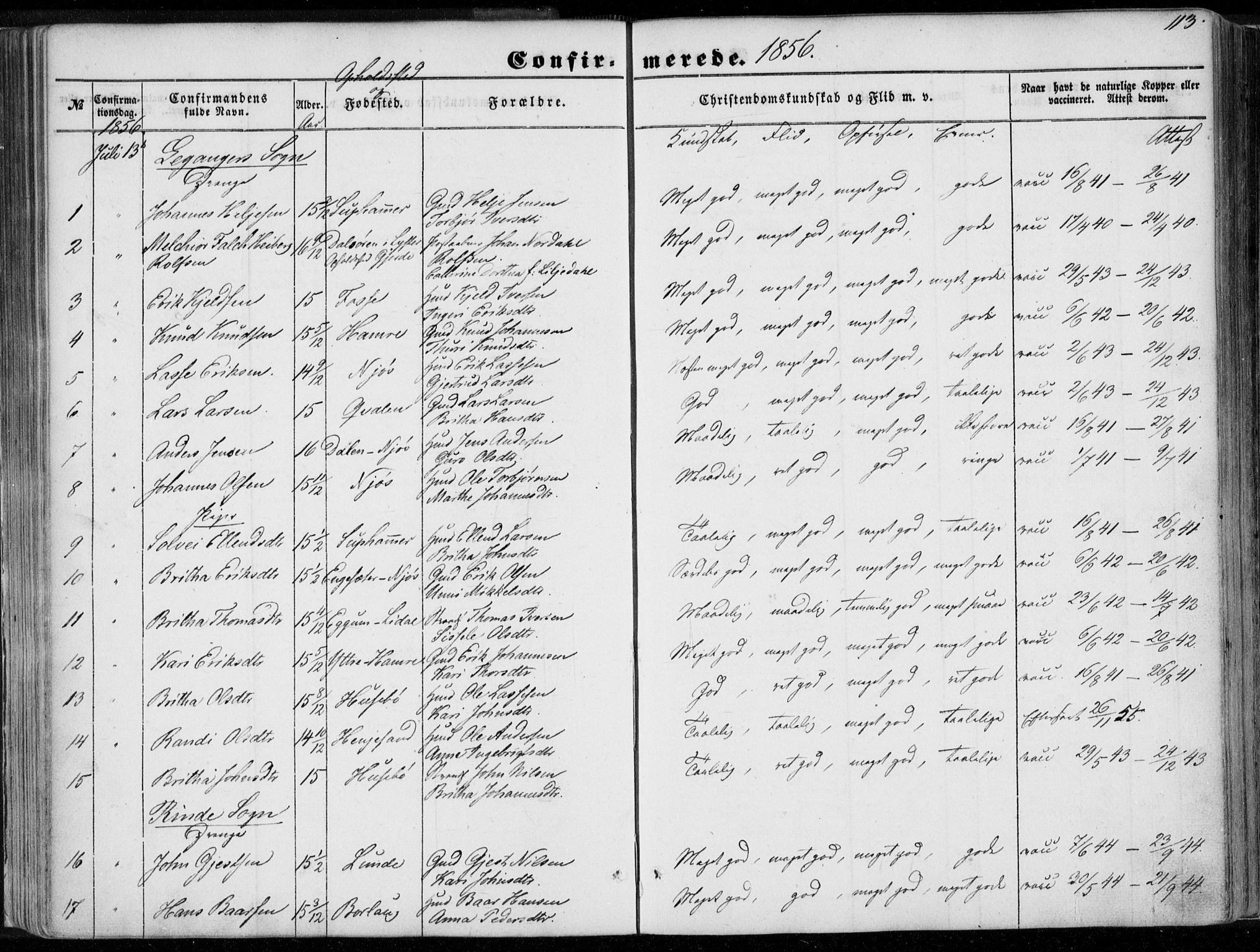 Leikanger sokneprestembete, AV/SAB-A-81001/H/Haa/Haaa/L0008: Parish register (official) no. A 8, 1852-1868, p. 113