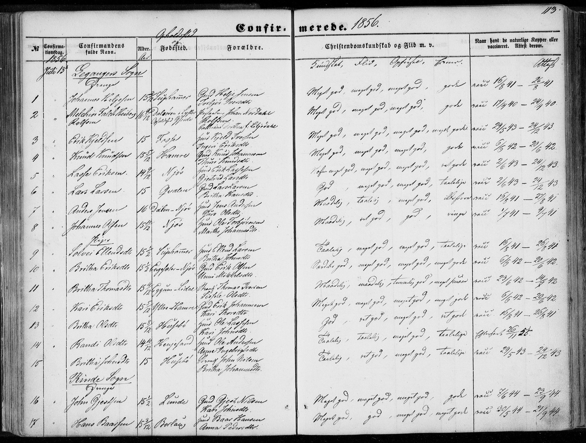 Leikanger sokneprestembete, AV/SAB-A-81001/H/Haa/Haaa/L0008: Parish register (official) no. A 8, 1852-1868, p. 113