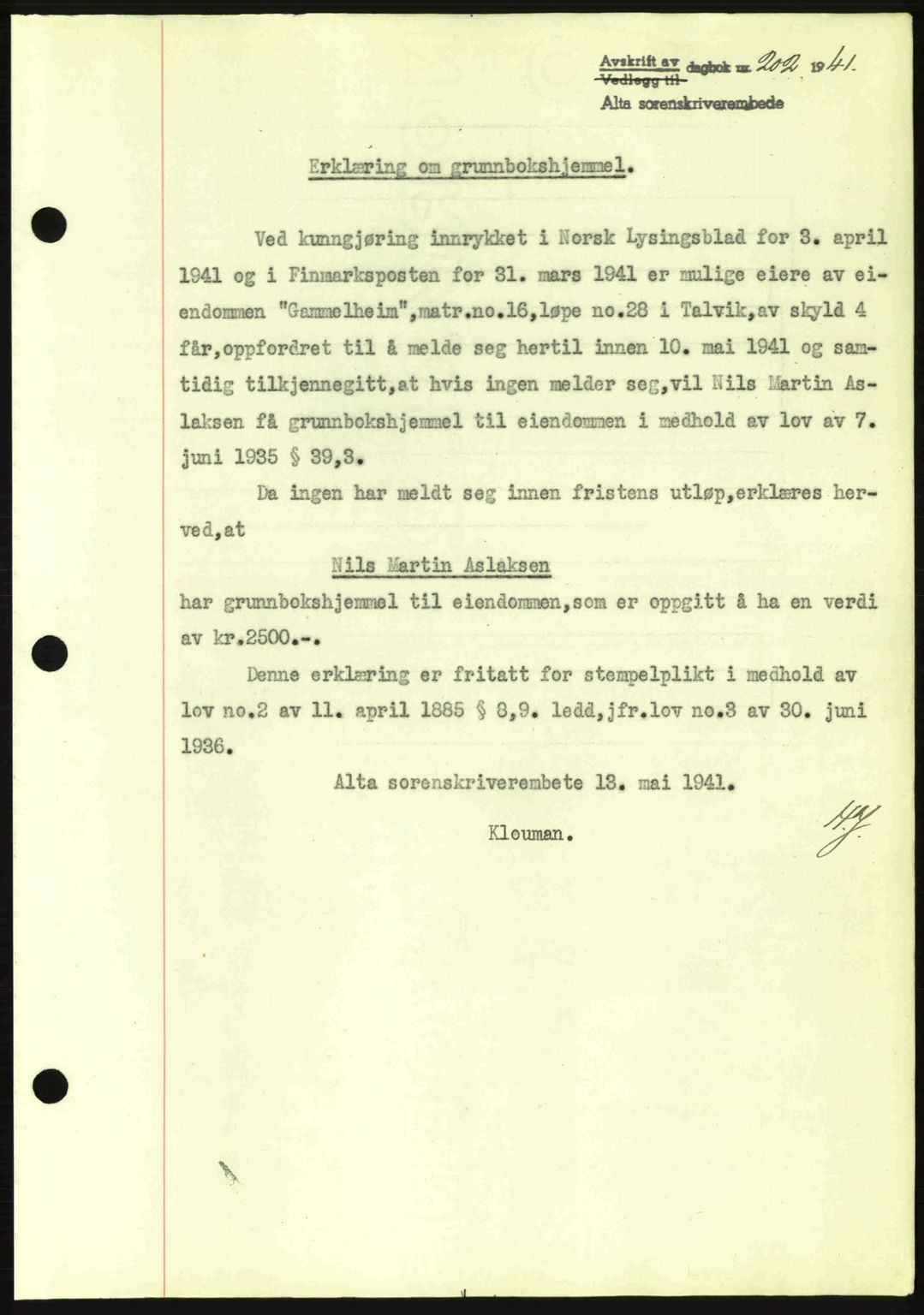 Alta fogderi/sorenskriveri, SATØ/SATØ-5/1/K/Kd/L0033pantebok: Mortgage book no. 33, 1940-1943, Diary no: : 202/1941