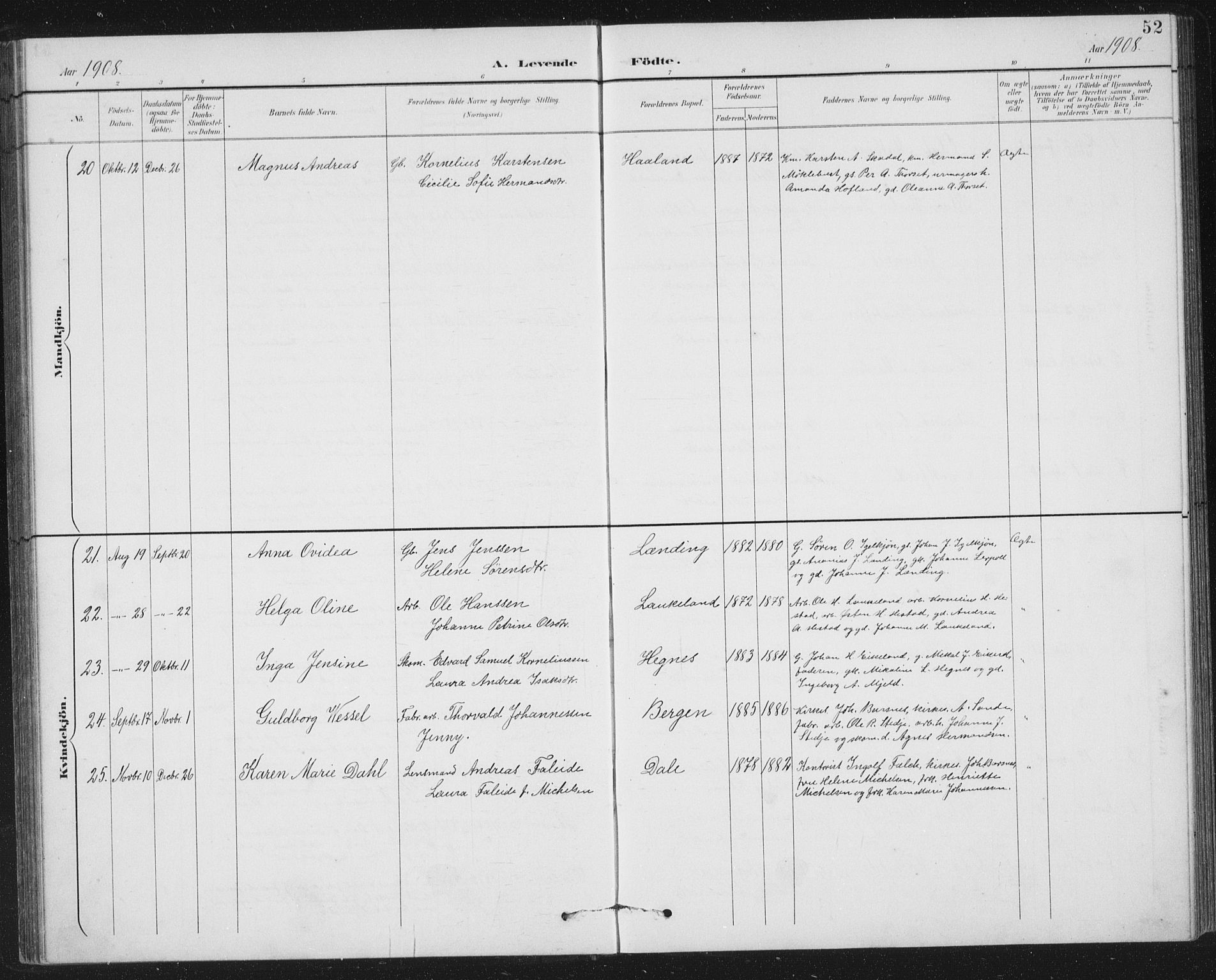 Fjaler sokneprestembete, AV/SAB-A-79801/H/Hab/Habc/L0003: Parish register (copy) no. C 3, 1894-1917, p. 52