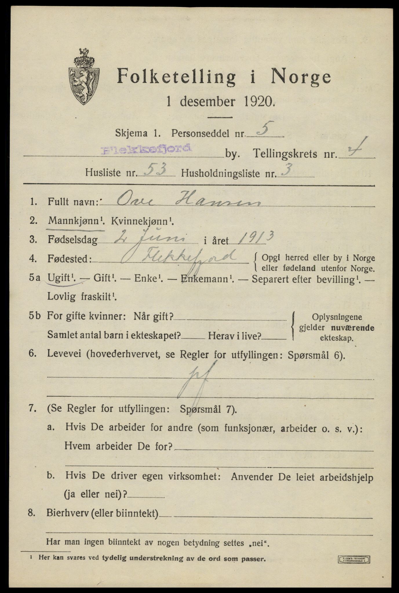 SAK, 1920 census for Flekkefjord, 1920, p. 5130