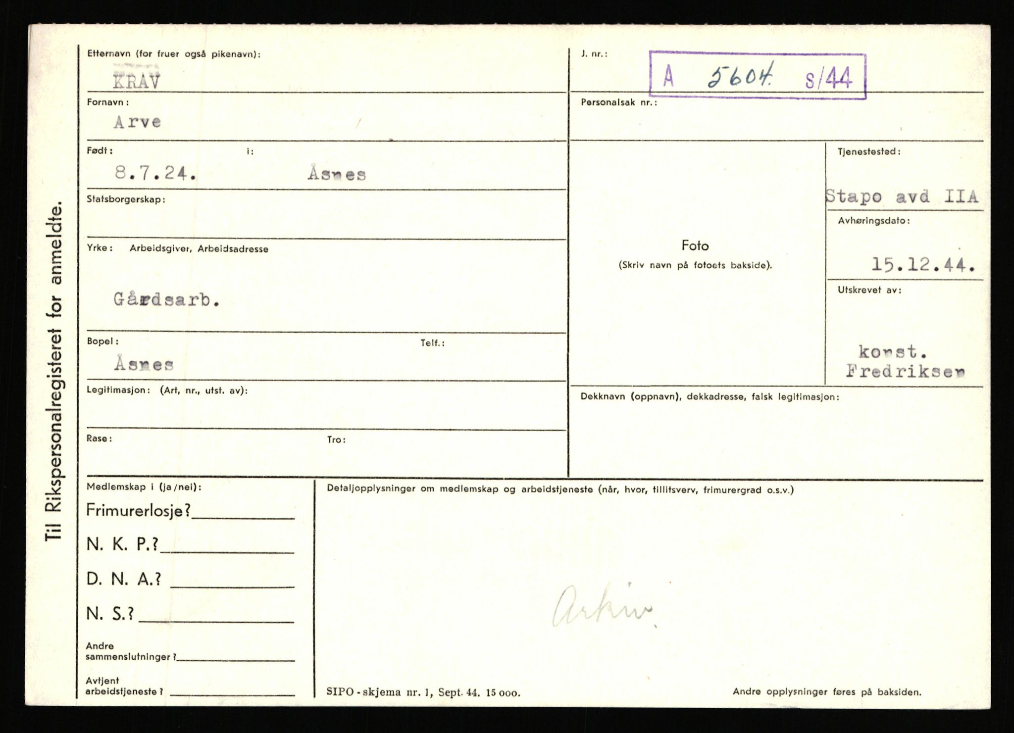 Statspolitiet - Hovedkontoret / Osloavdelingen, AV/RA-S-1329/C/Ca/L0009: Knutsen - Limstrand, 1943-1945, p. 904