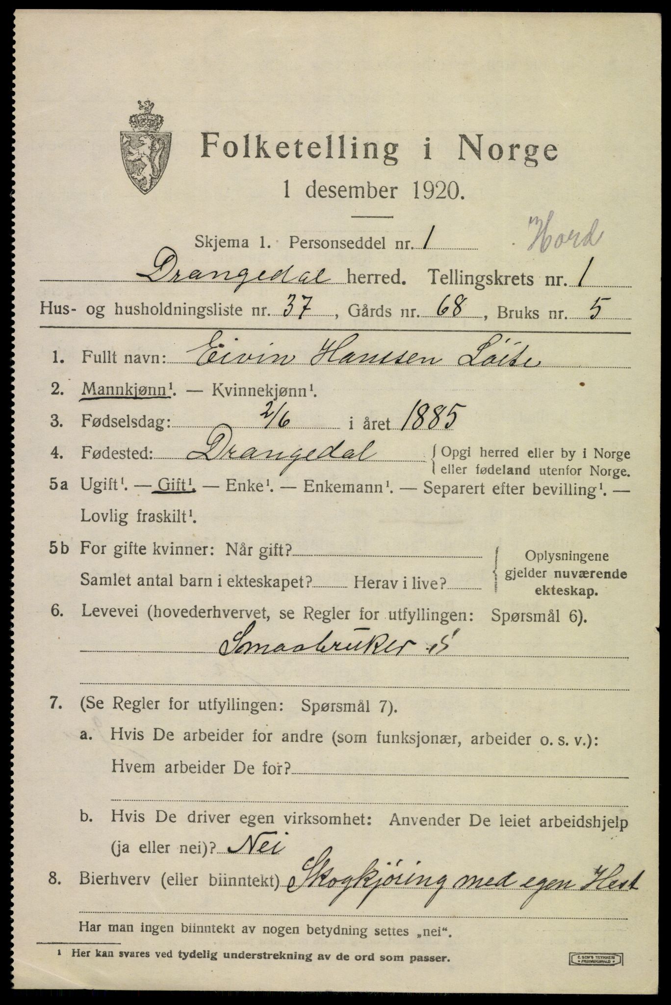 SAKO, 1920 census for Drangedal, 1920, p. 2059