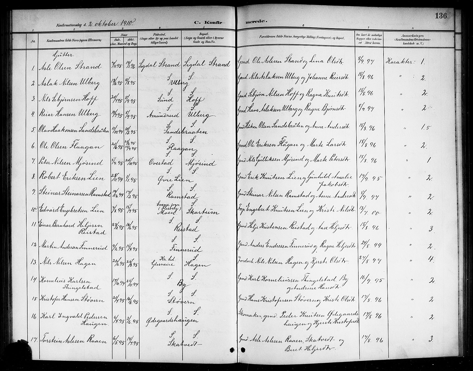 Sigdal kirkebøker, SAKO/A-245/G/Ga/L0006: Parish register (copy) no. I 6, 1901-1916, p. 136