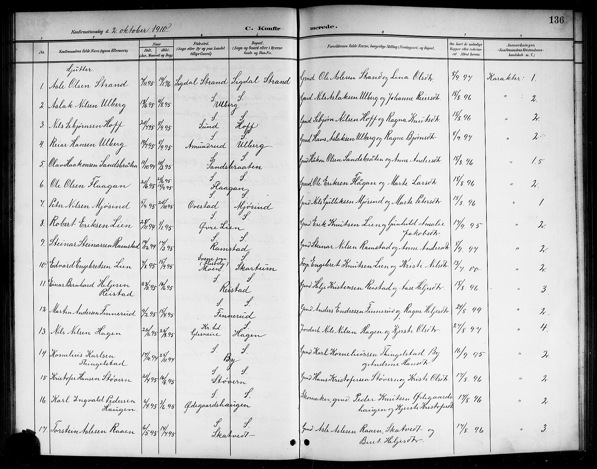 Sigdal kirkebøker, AV/SAKO-A-245/G/Ga/L0006: Parish register (copy) no. I 6, 1901-1916, p. 136