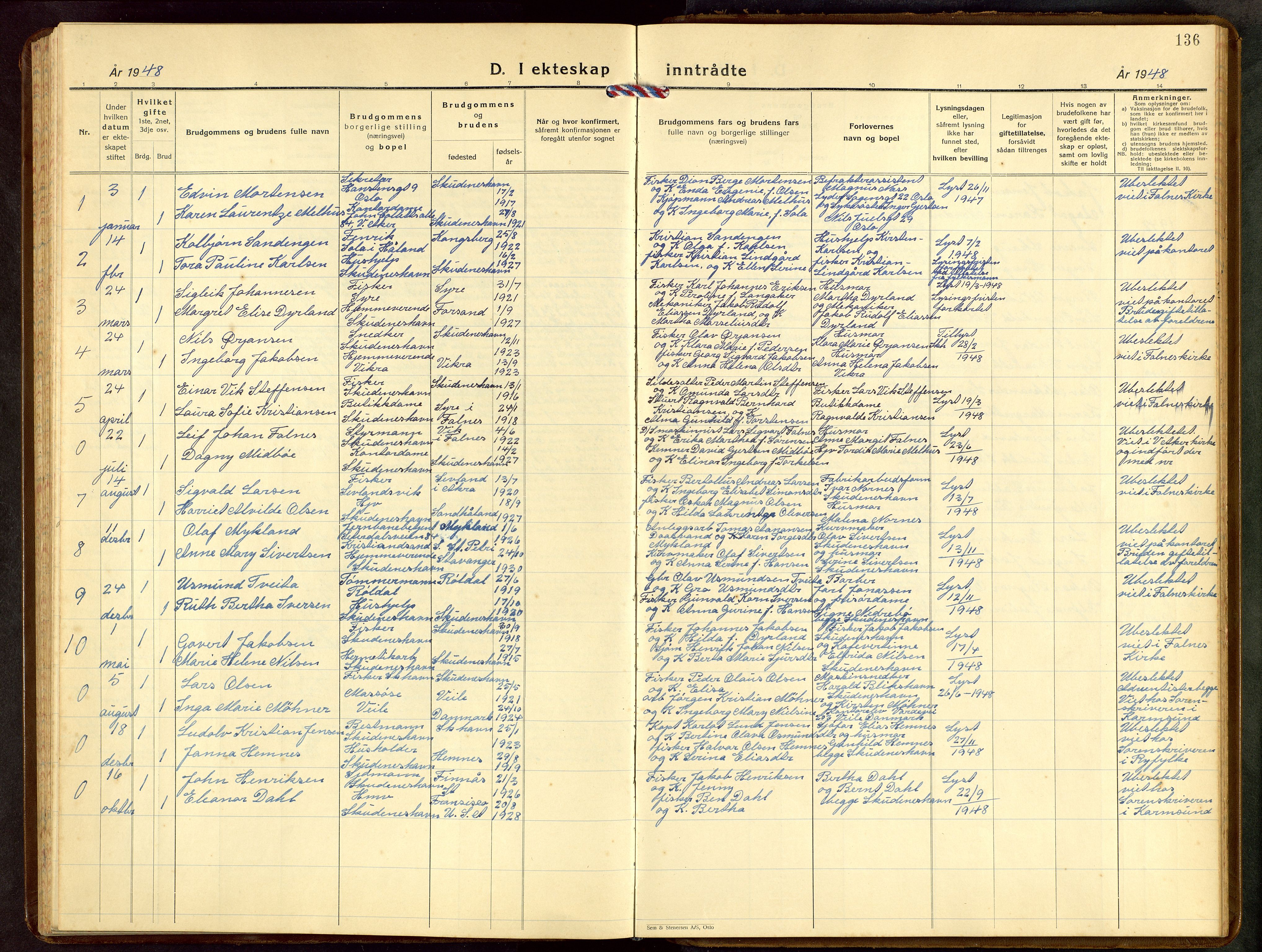 Skudenes sokneprestkontor, SAST/A -101849/H/Ha/Hab/L0014: Parish register (copy) no. B 14, 1937-1956, p. 136