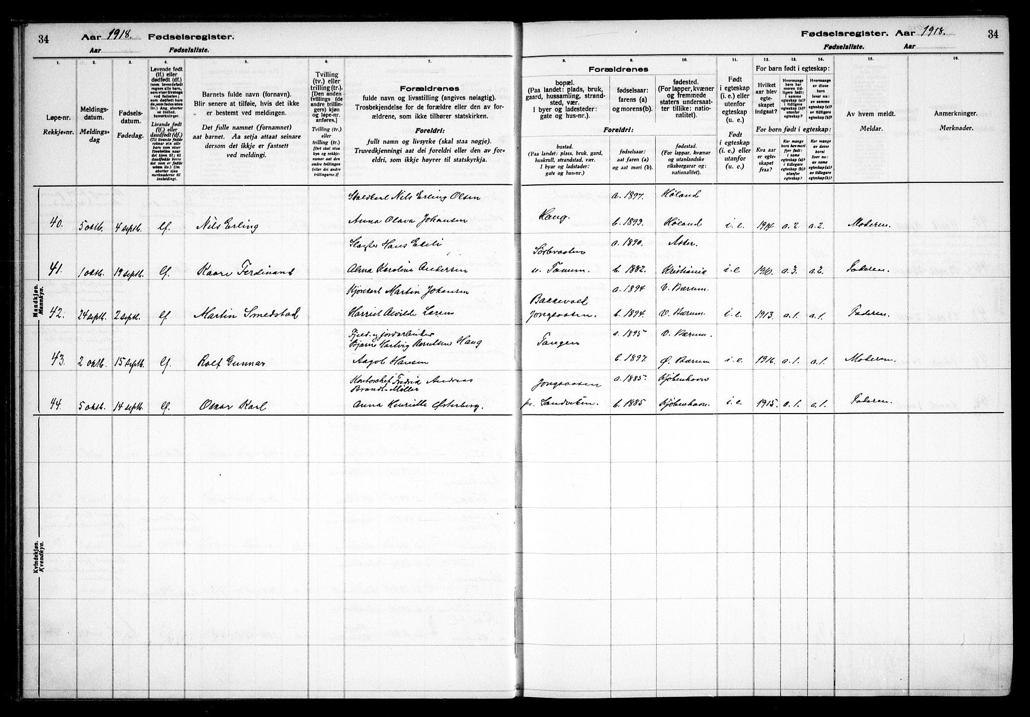 Vestre Bærum prestekontor Kirkebøker, AV/SAO-A-10209a/J/L0001: Birth register no. 1, 1916-1926, p. 34