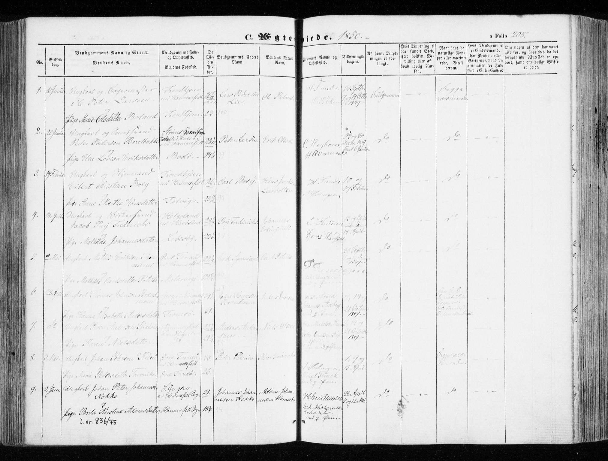 Hammerfest sokneprestkontor, AV/SATØ-S-1347/H/Ha/L0004.kirke: Parish register (official) no. 4, 1843-1856, p. 205