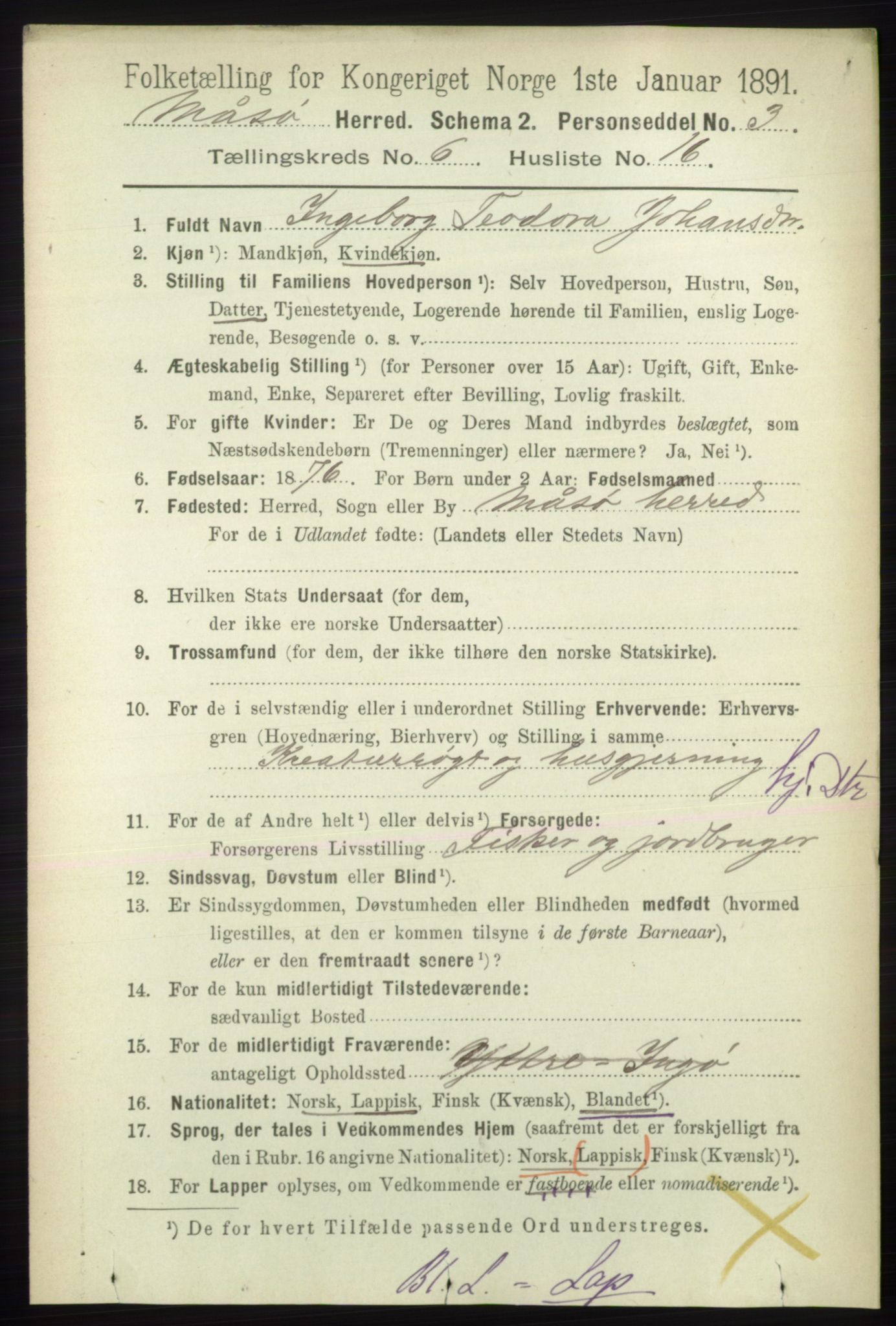 RA, 1891 census for 2018 Måsøy, 1891, p. 1220