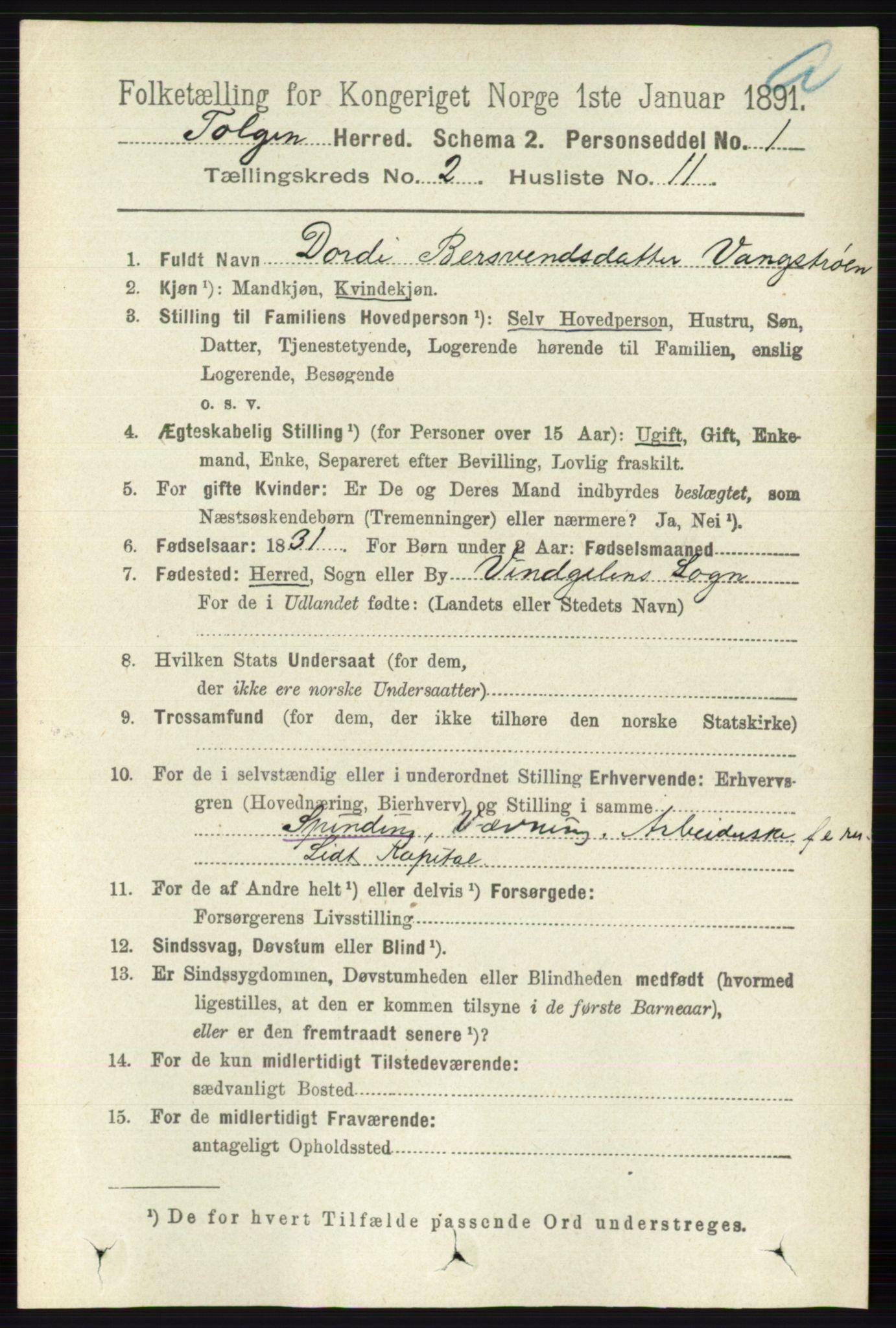 RA, 1891 census for 0436 Tolga, 1891, p. 360