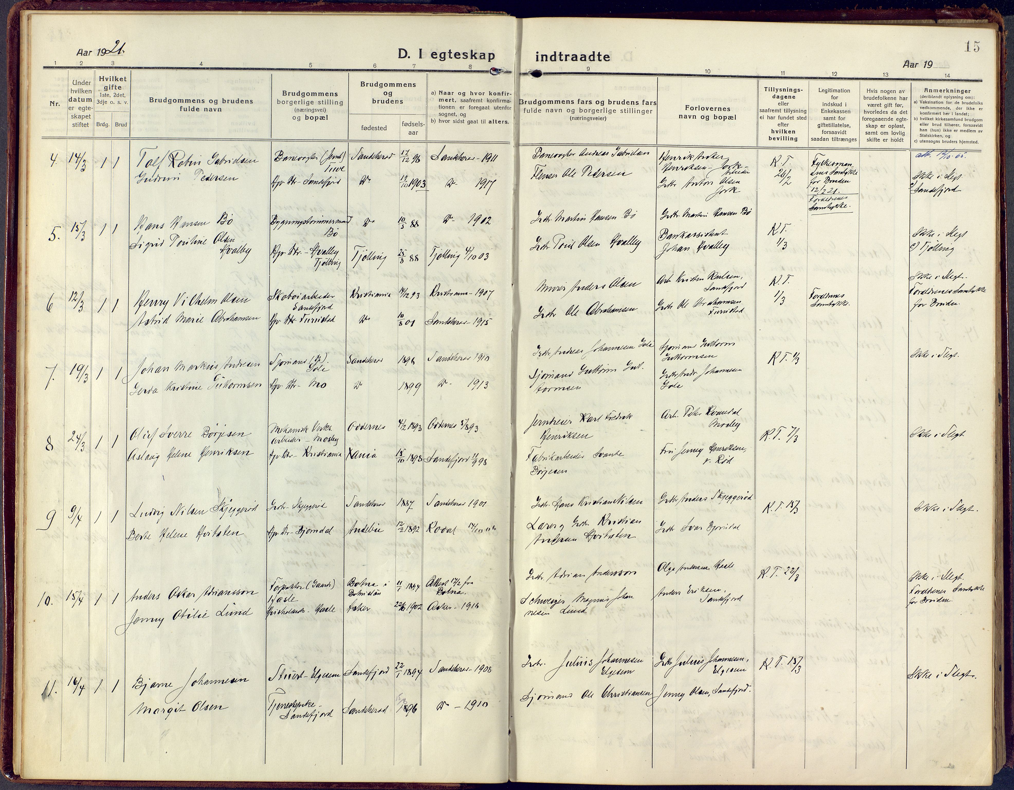 Sandar kirkebøker, SAKO/A-243/F/Fa/L0021: Parish register (official) no. 21, 1919-1925, p. 15