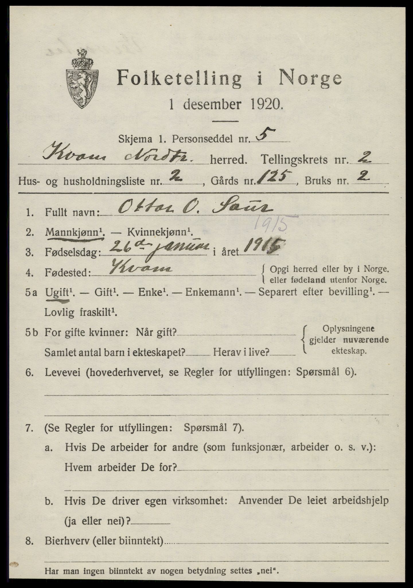 SAT, 1920 census for Kvam, 1920, p. 697