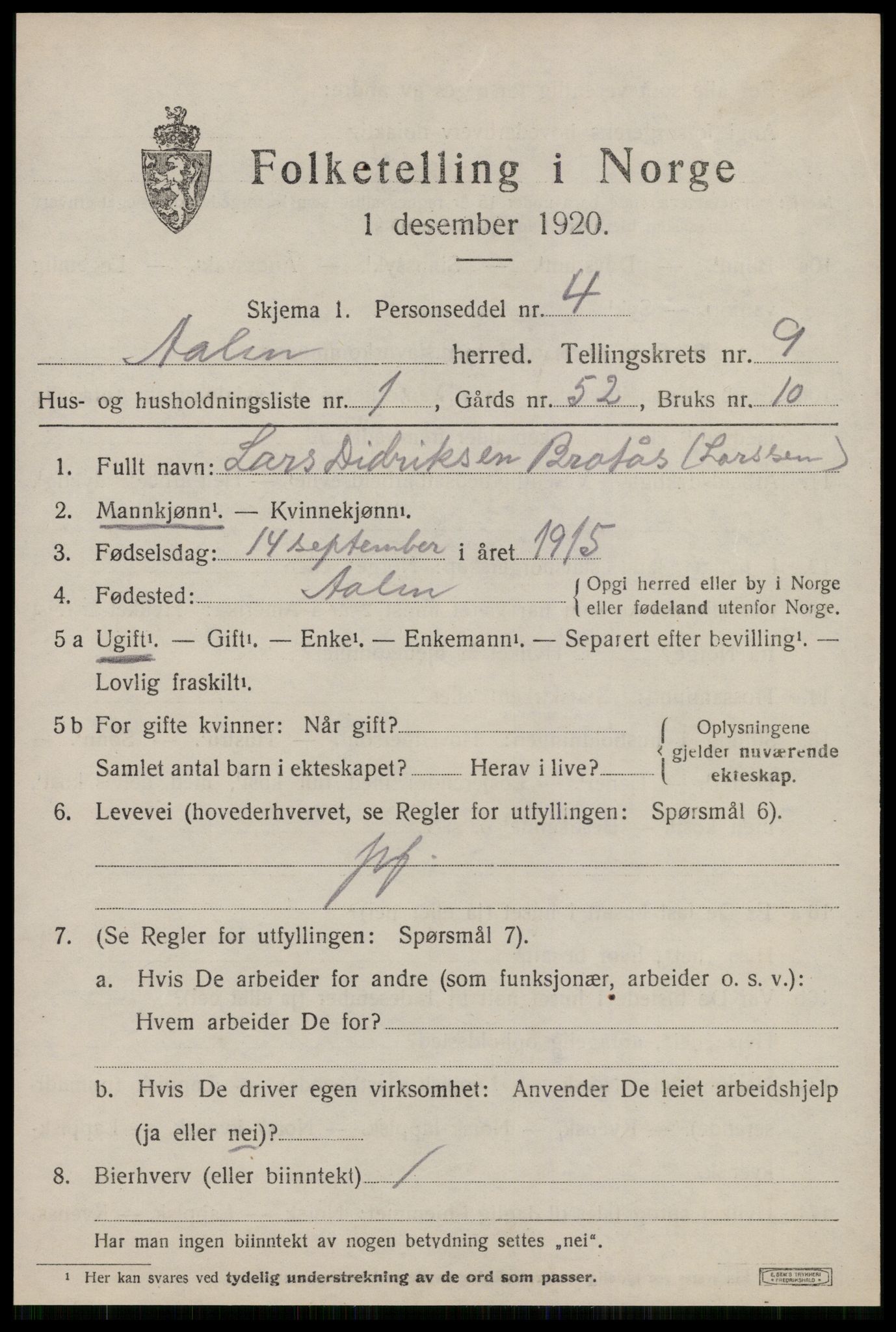 SAT, 1920 census for Ålen, 1920, p. 4072