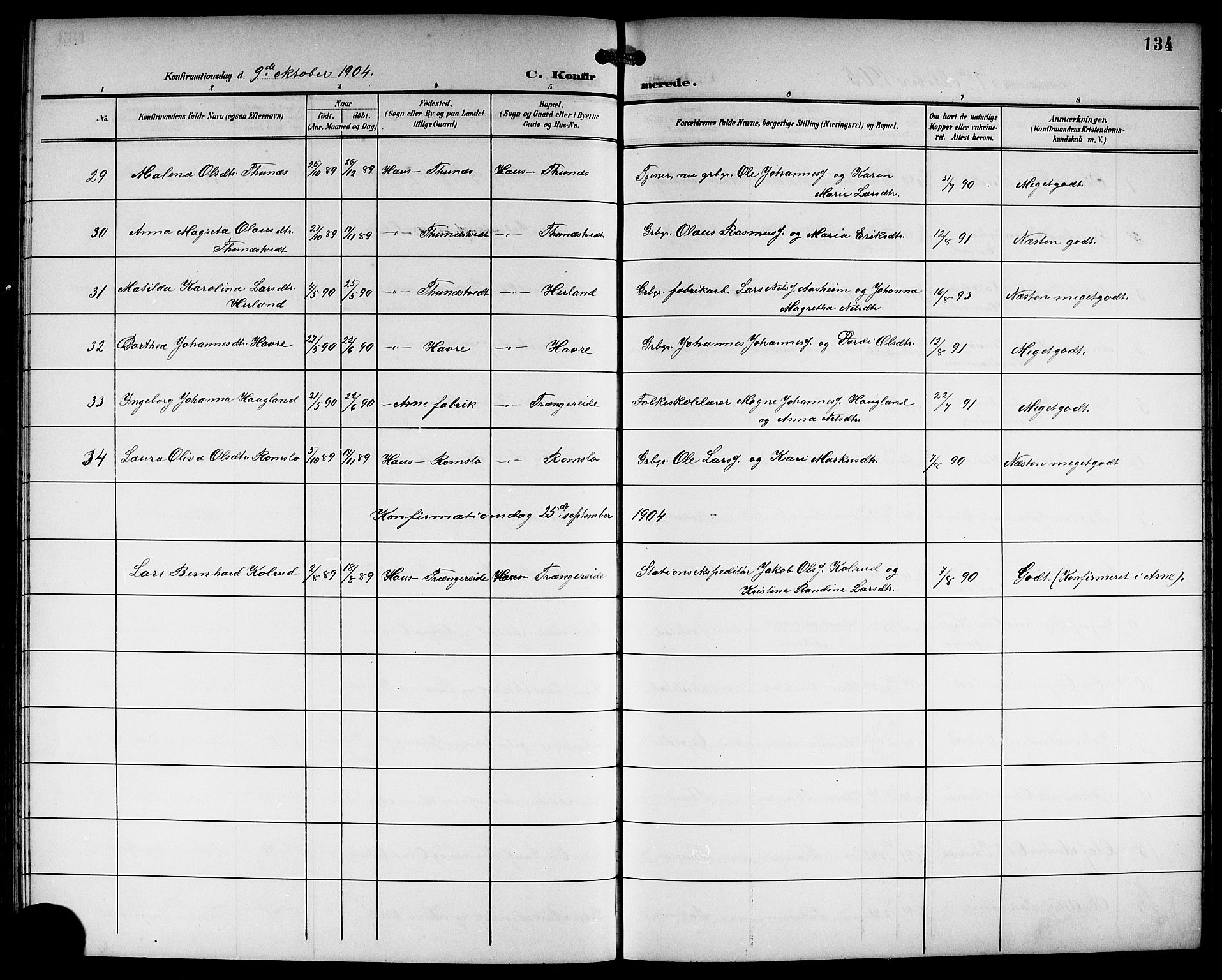 Haus sokneprestembete, SAB/A-75601/H/Hab: Parish register (copy) no. B 4, 1900-1921, p. 134