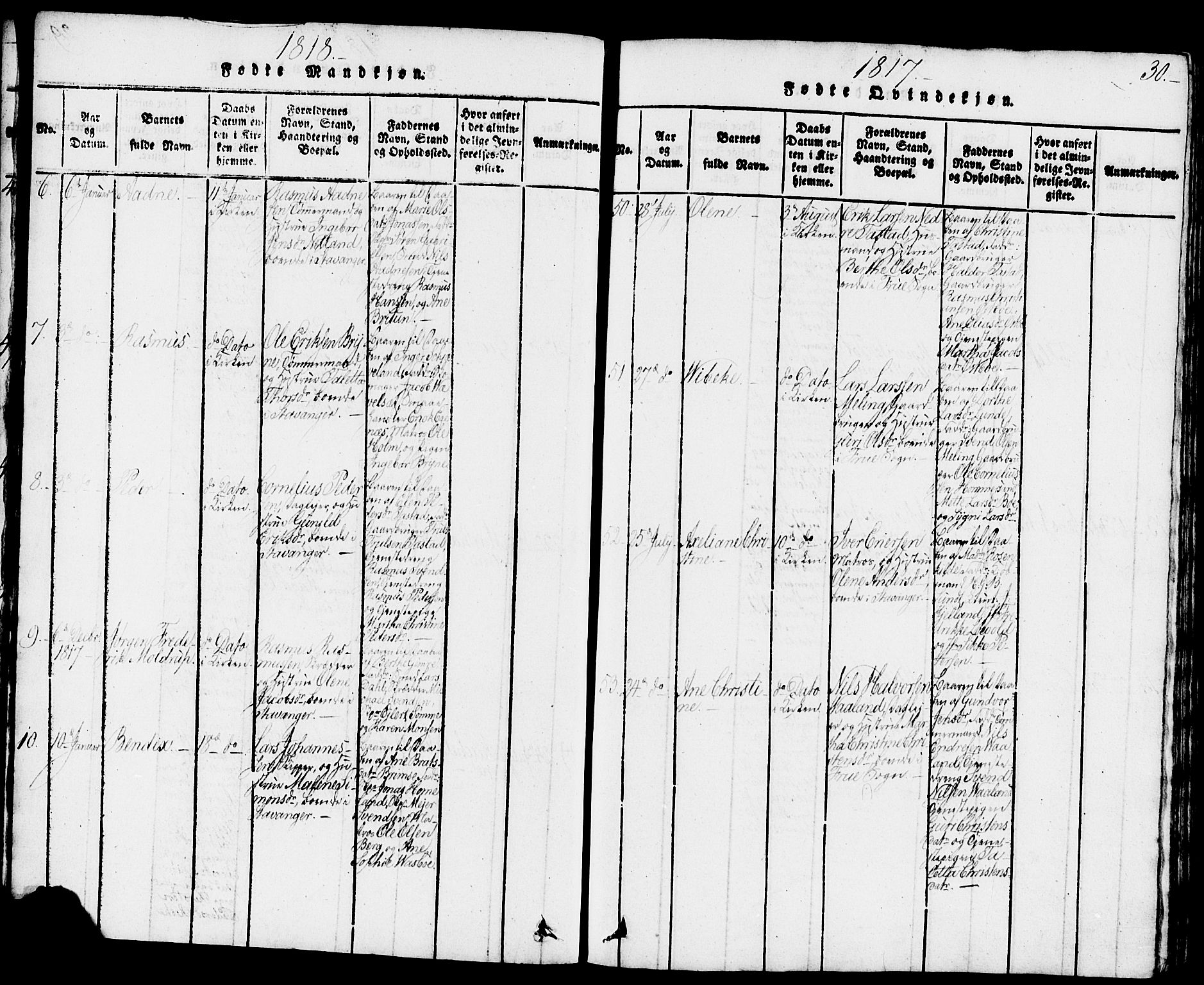 Domkirken sokneprestkontor, SAST/A-101812/001/30/30BB/L0008: Parish register (copy) no. B 8, 1816-1821, p. 30