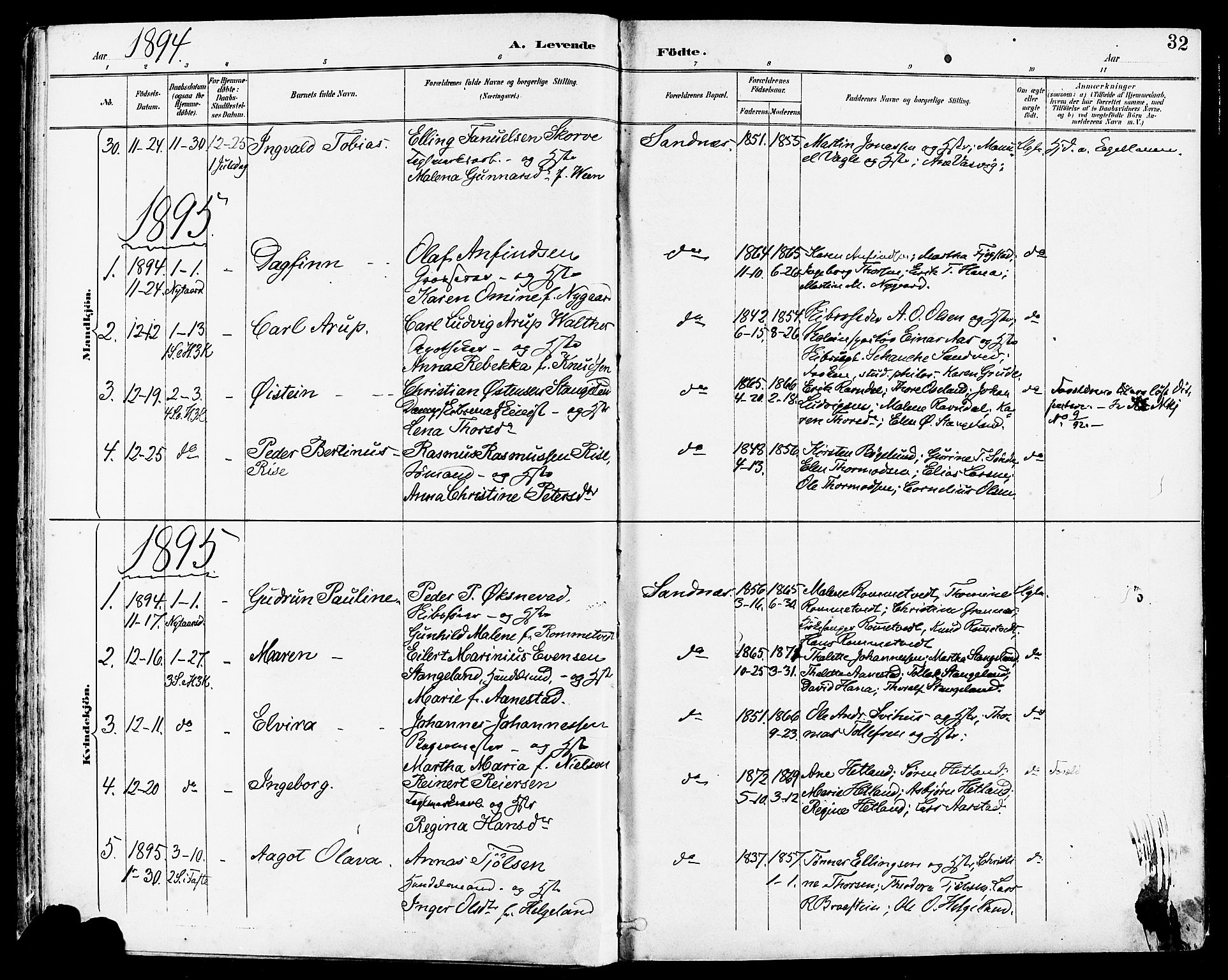 Høyland sokneprestkontor, AV/SAST-A-101799/001/30BA/L0014: Parish register (official) no. A 12, 1890-1898, p. 32