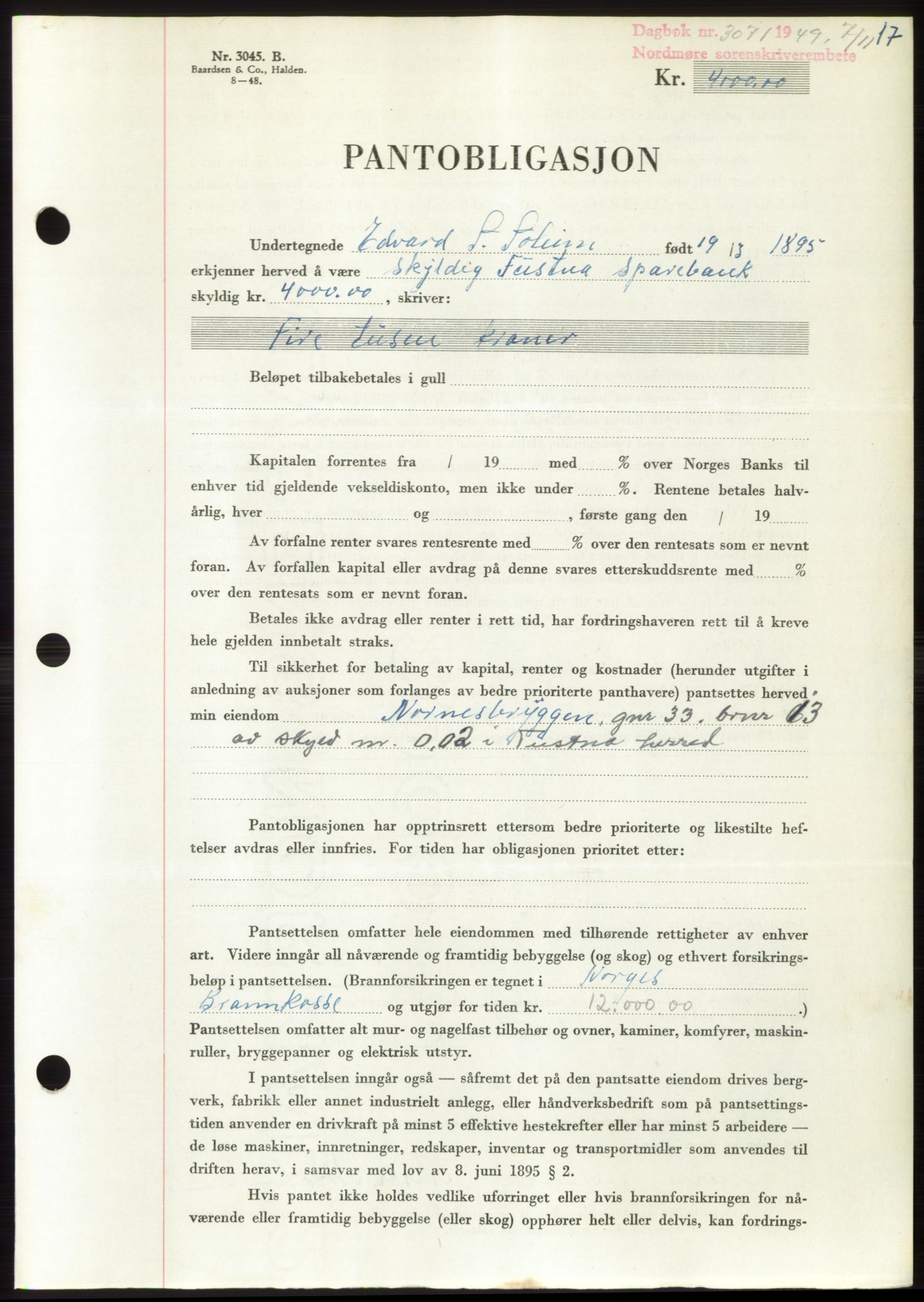 Nordmøre sorenskriveri, AV/SAT-A-4132/1/2/2Ca: Mortgage book no. B103, 1949-1950, Diary no: : 3071/1949