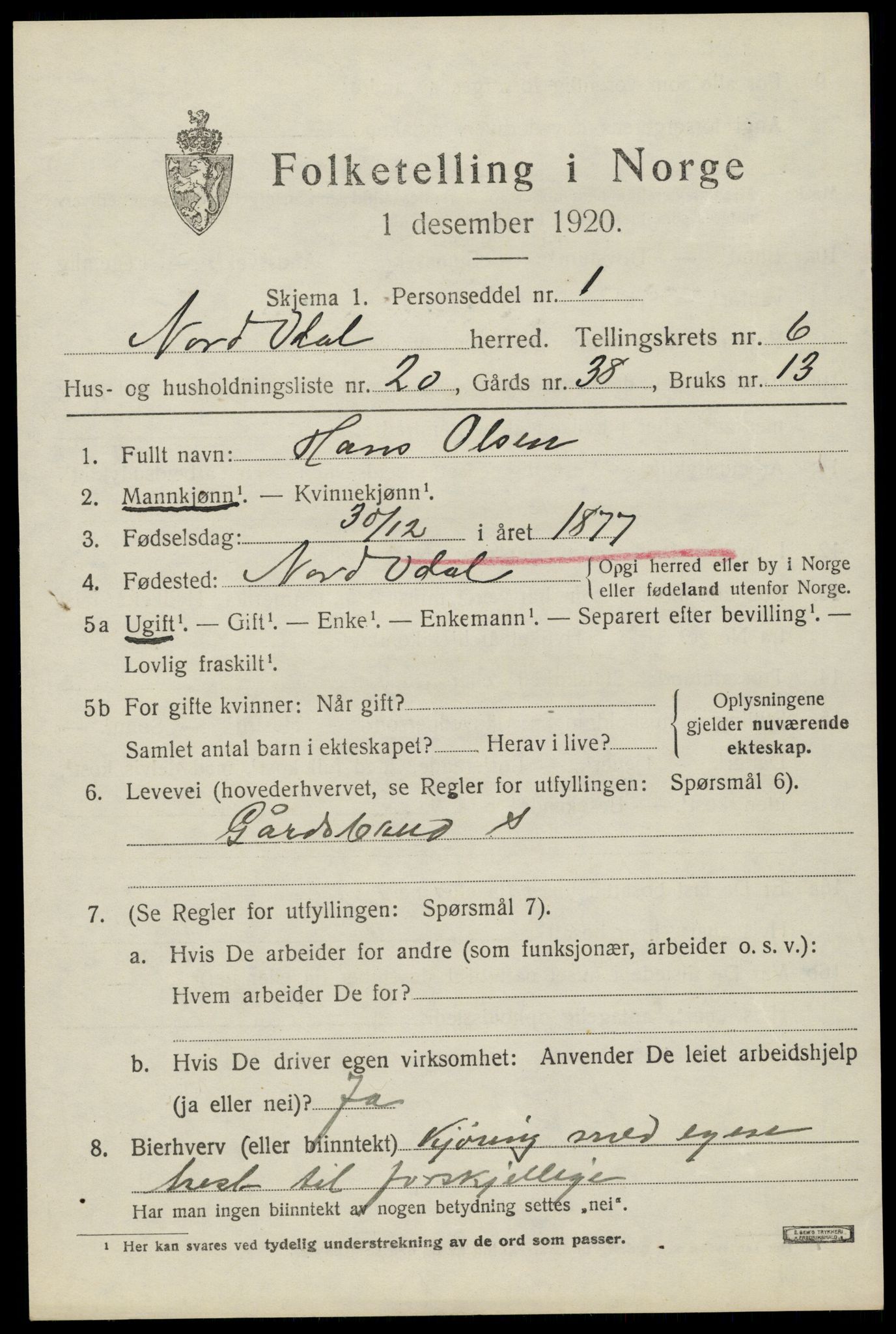 SAH, 1920 census for Nord-Odal, 1920, p. 6831