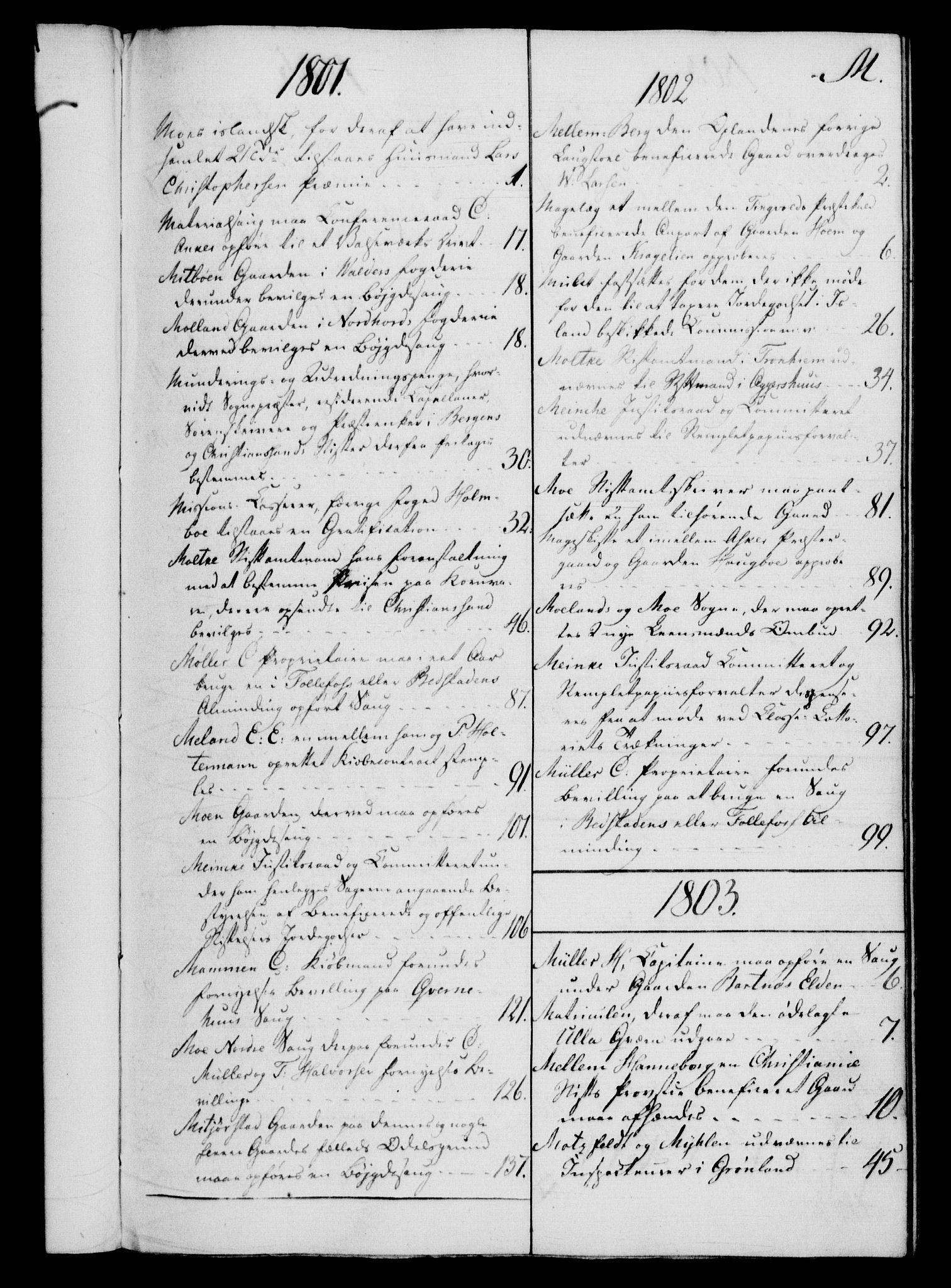 Rentekammeret, Kammerkanselliet, RA/EA-3111/G/Gf/Gfb/L0016: Register til norske relasjons- og resolusjonsprotokoller (merket RK 52.111), 1801-1814, p. 111