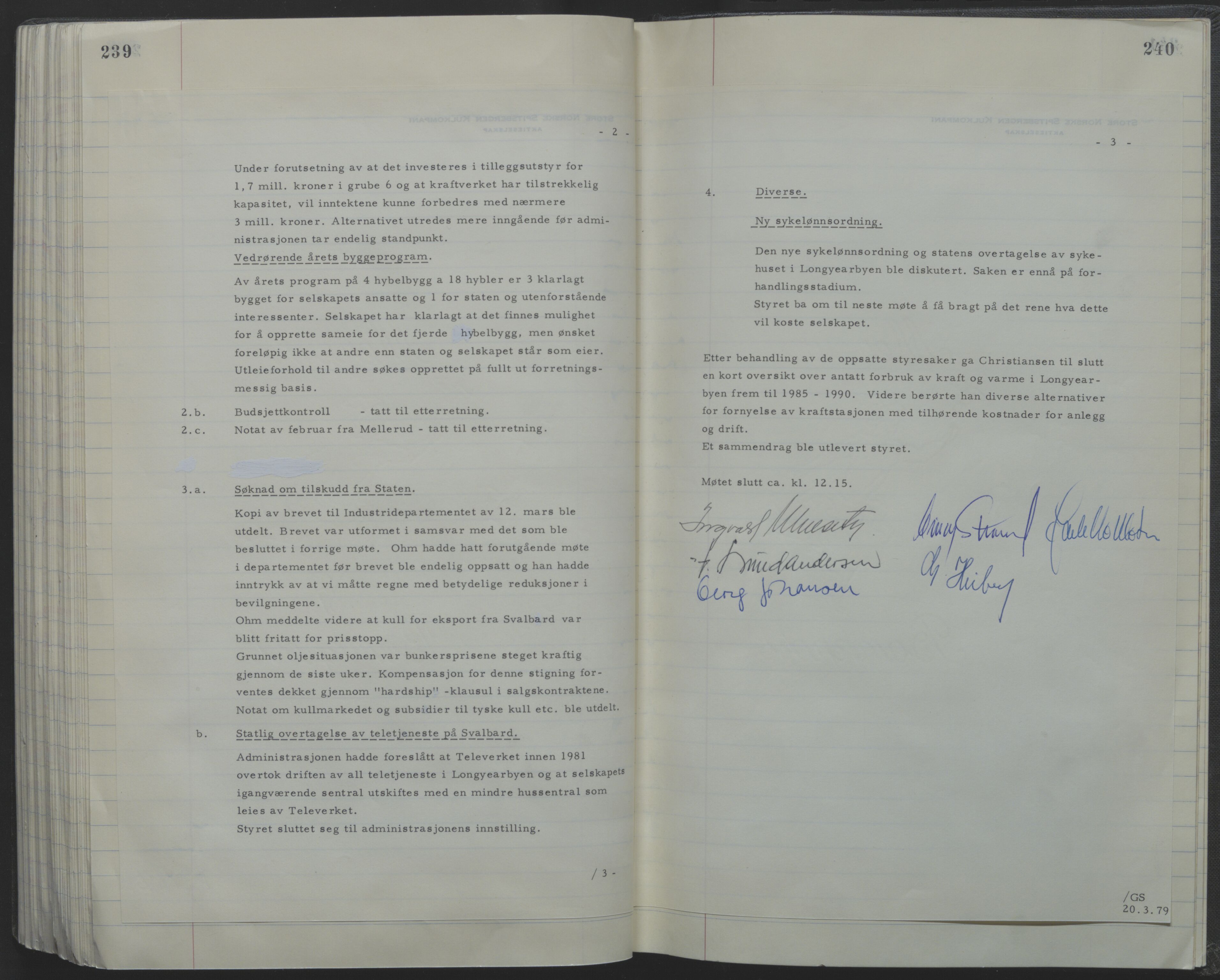 Store Norske Spitsbergen Kulkompani A/S, AV/SATØ-P-0073/09/A/Ab/Aba/L0001: Styreprotokoll 6, 1970-1979, p. 239-240