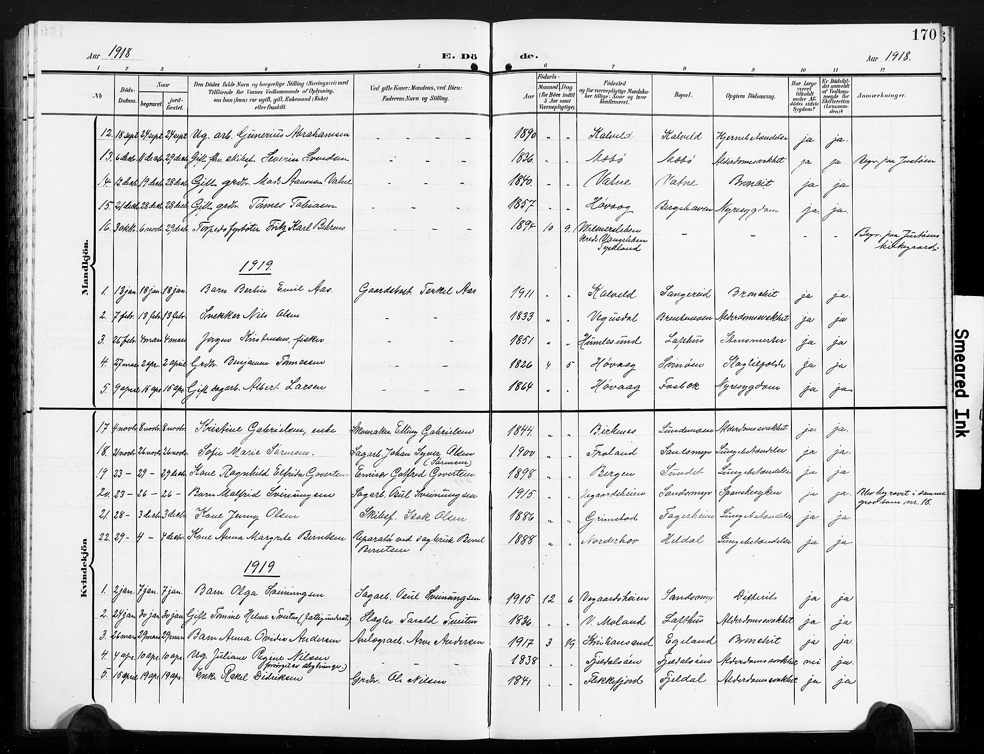 Vestre Moland sokneprestkontor, AV/SAK-1111-0046/F/Fb/Fbb/L0007: Parish register (copy) no. B 7, 1906-1929, p. 170