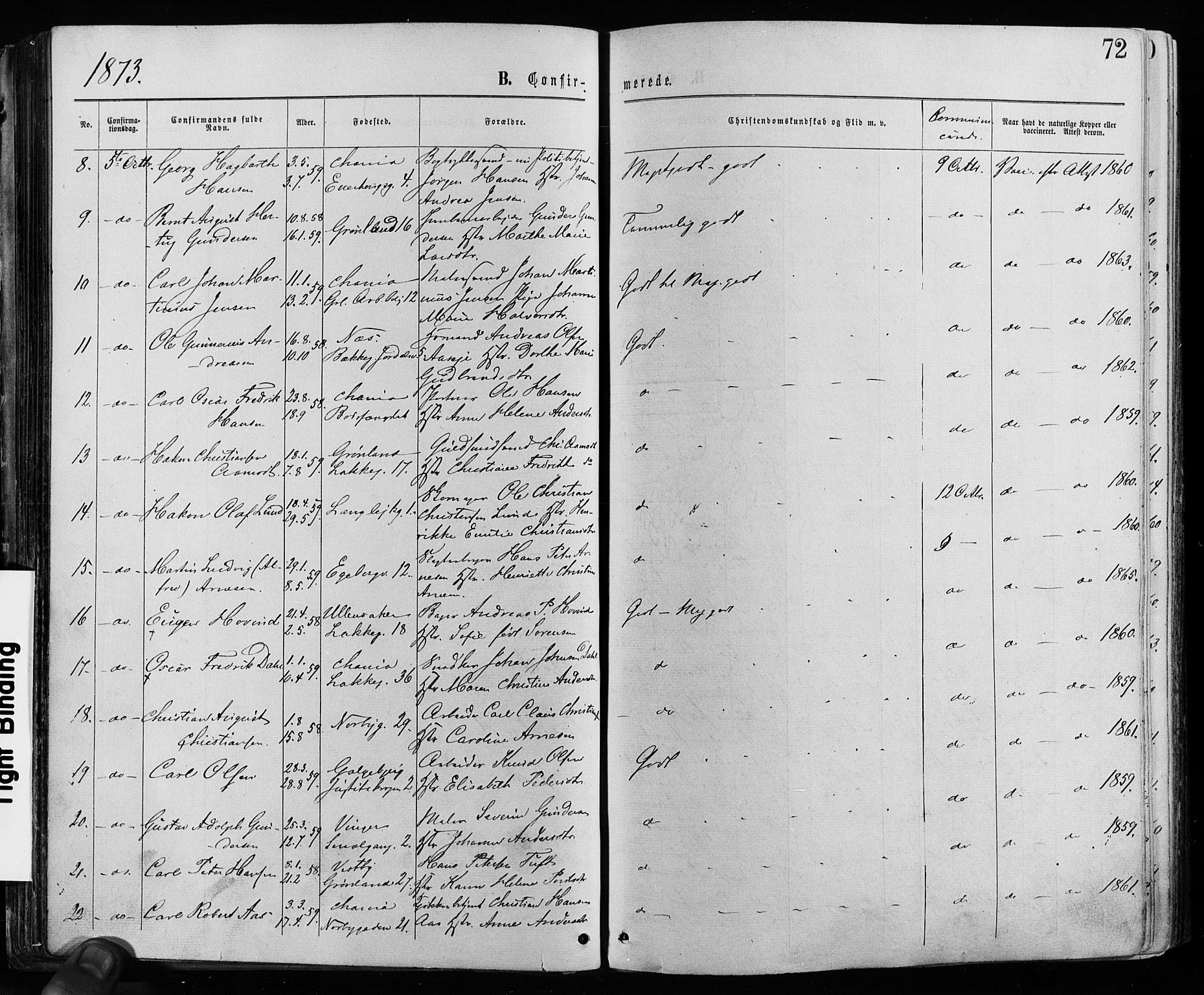 Grønland prestekontor Kirkebøker, AV/SAO-A-10848/F/Fa/L0005: Parish register (official) no. 5, 1869-1880, p. 72