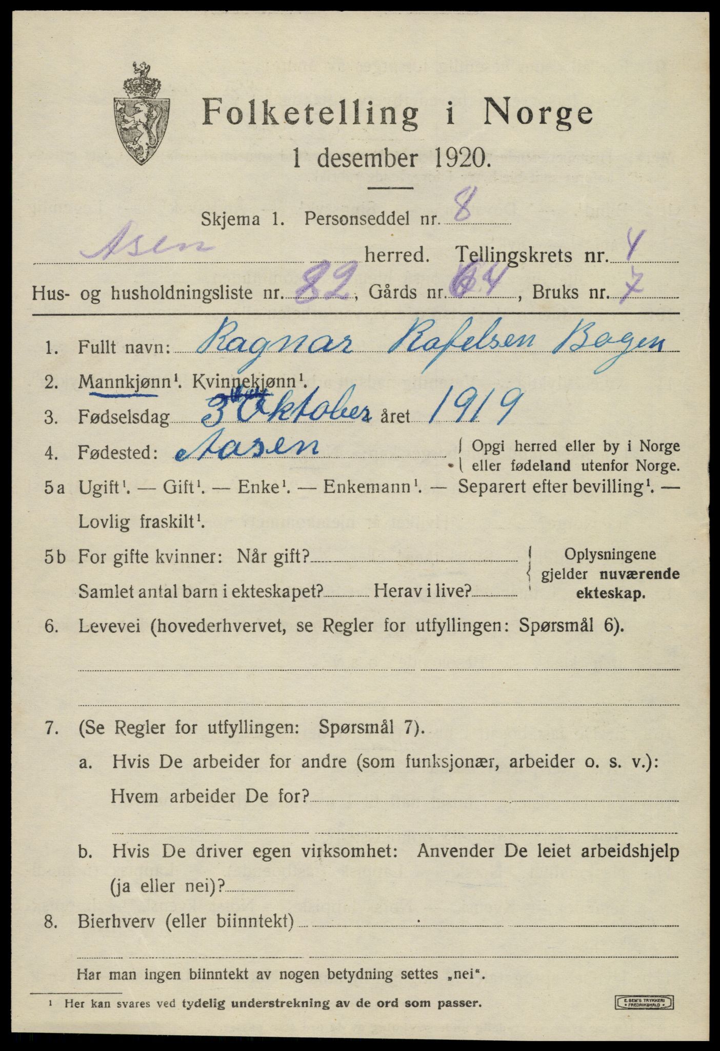 SAT, 1920 census for Åsen, 1920, p. 4010