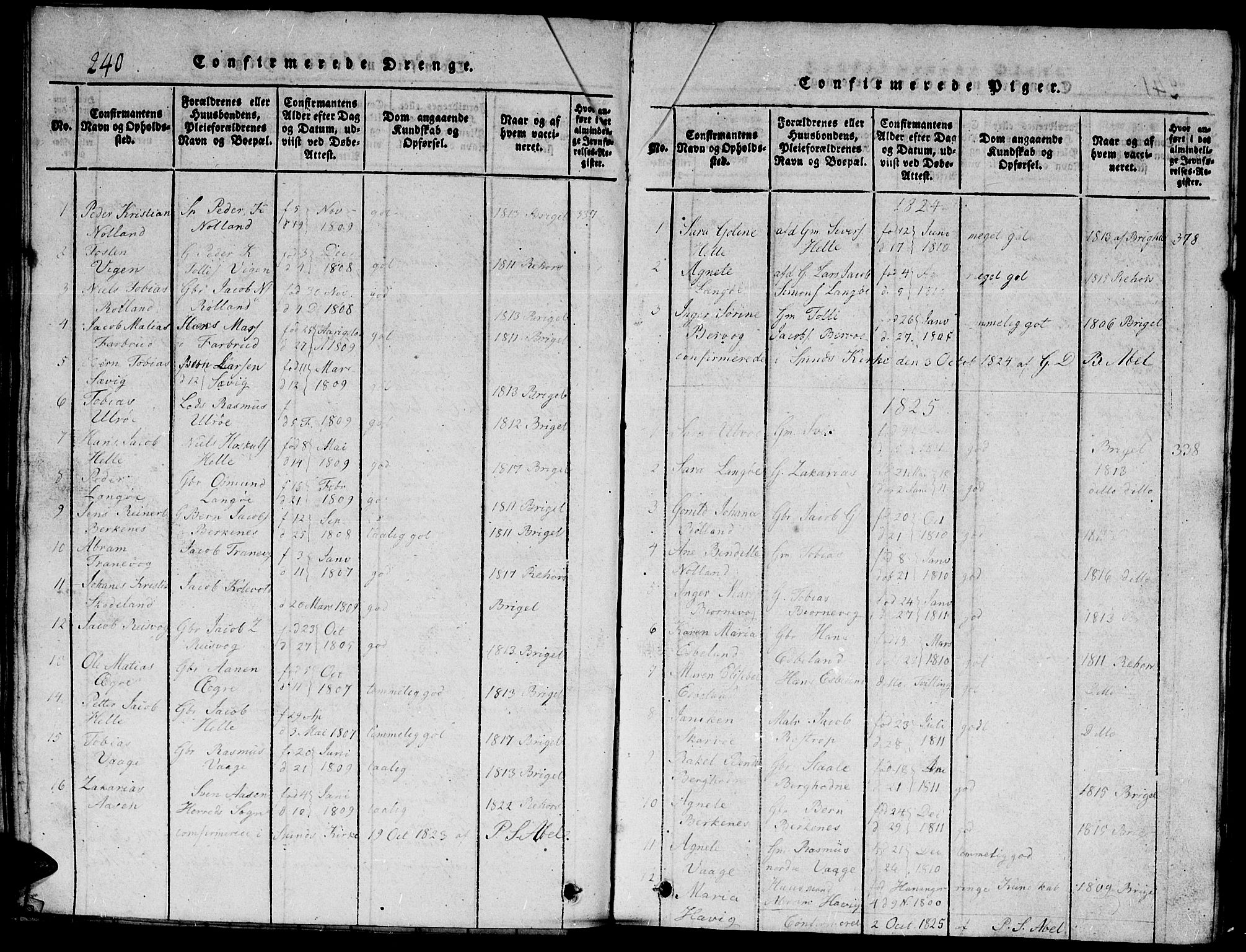 Herad sokneprestkontor, SAK/1111-0018/F/Fb/Fbb/L0001: Parish register (copy) no. B 1, 1815-1852, p. 240