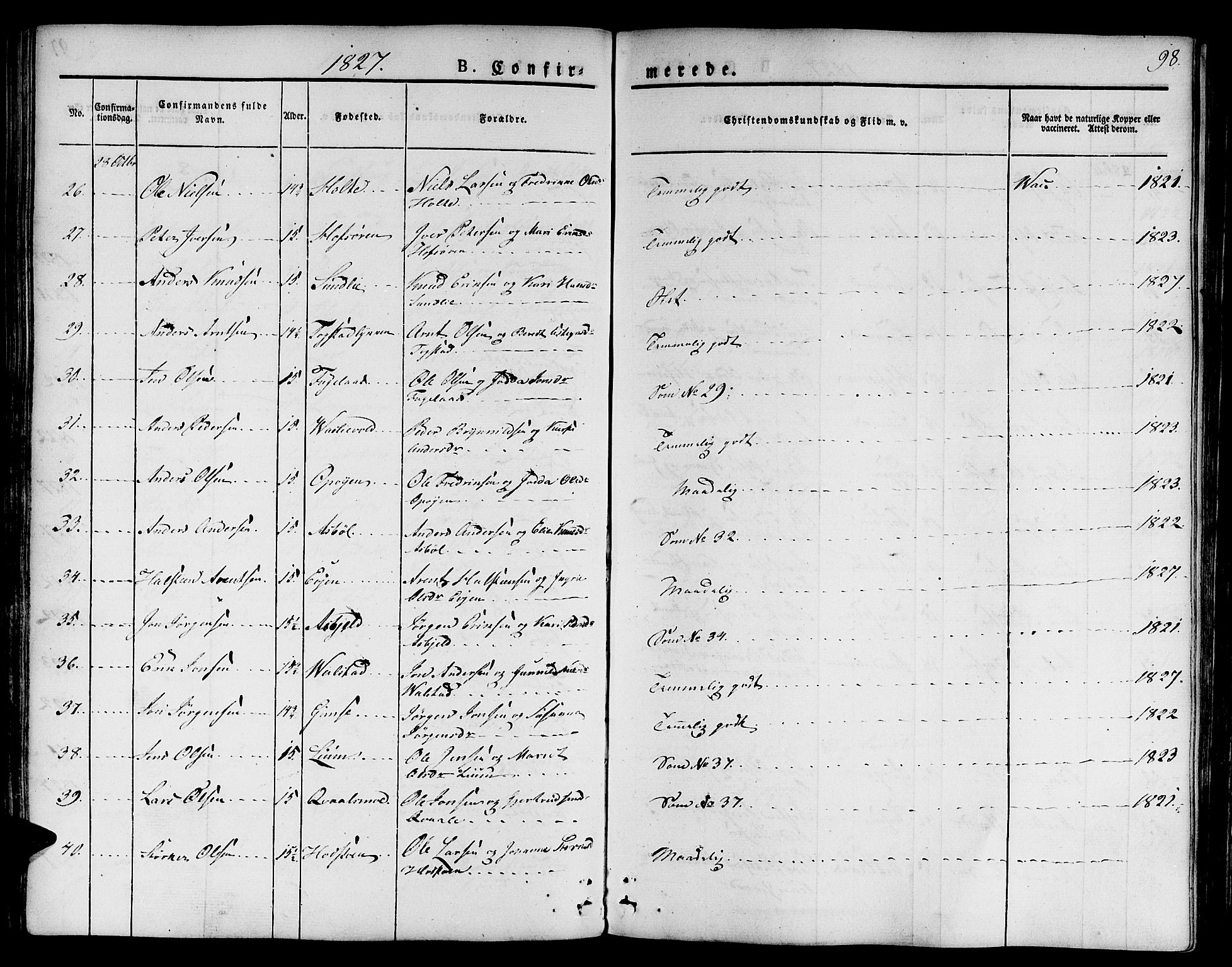 Ministerialprotokoller, klokkerbøker og fødselsregistre - Sør-Trøndelag, AV/SAT-A-1456/668/L0804: Parish register (official) no. 668A04, 1826-1839, p. 98