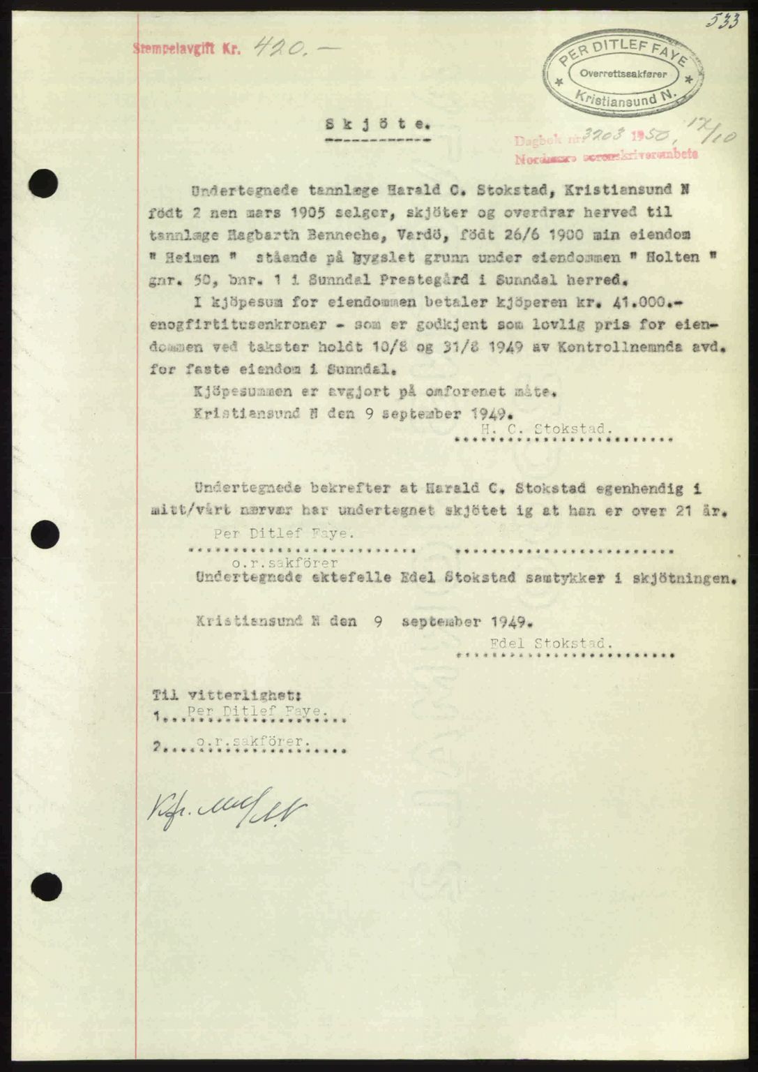 Nordmøre sorenskriveri, AV/SAT-A-4132/1/2/2Ca: Mortgage book no. A116, 1950-1950, Diary no: : 3200/1950