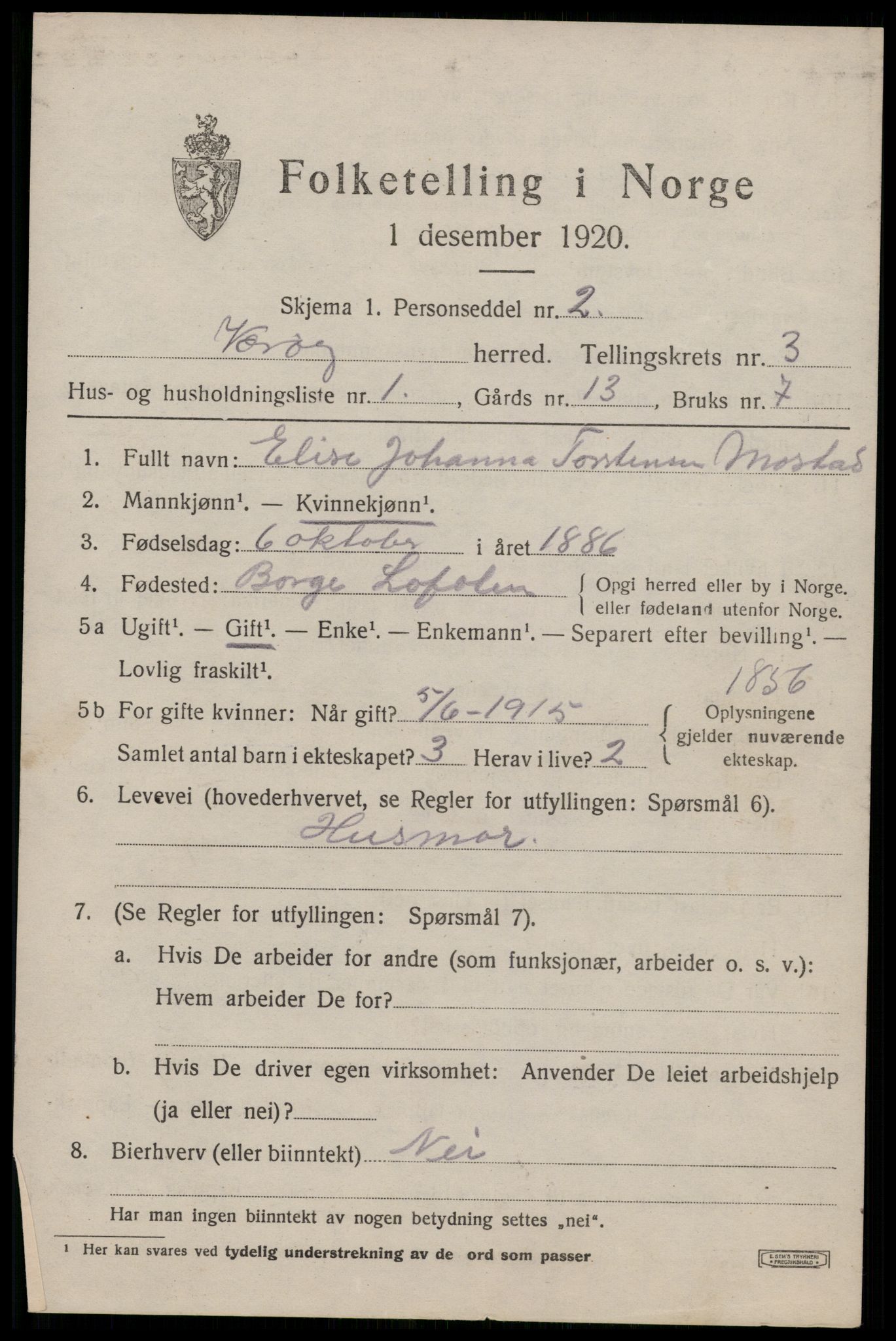 SAT, 1920 census for Værøy, 1920, p. 2229