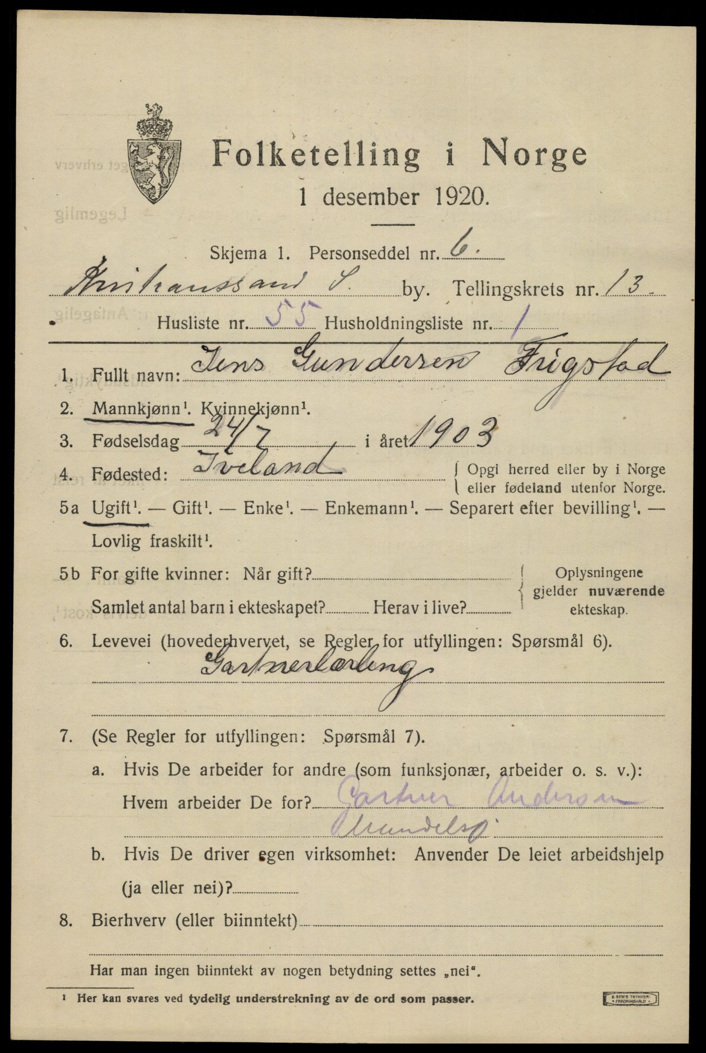 SAK, 1920 census for Kristiansand, 1920, p. 28269