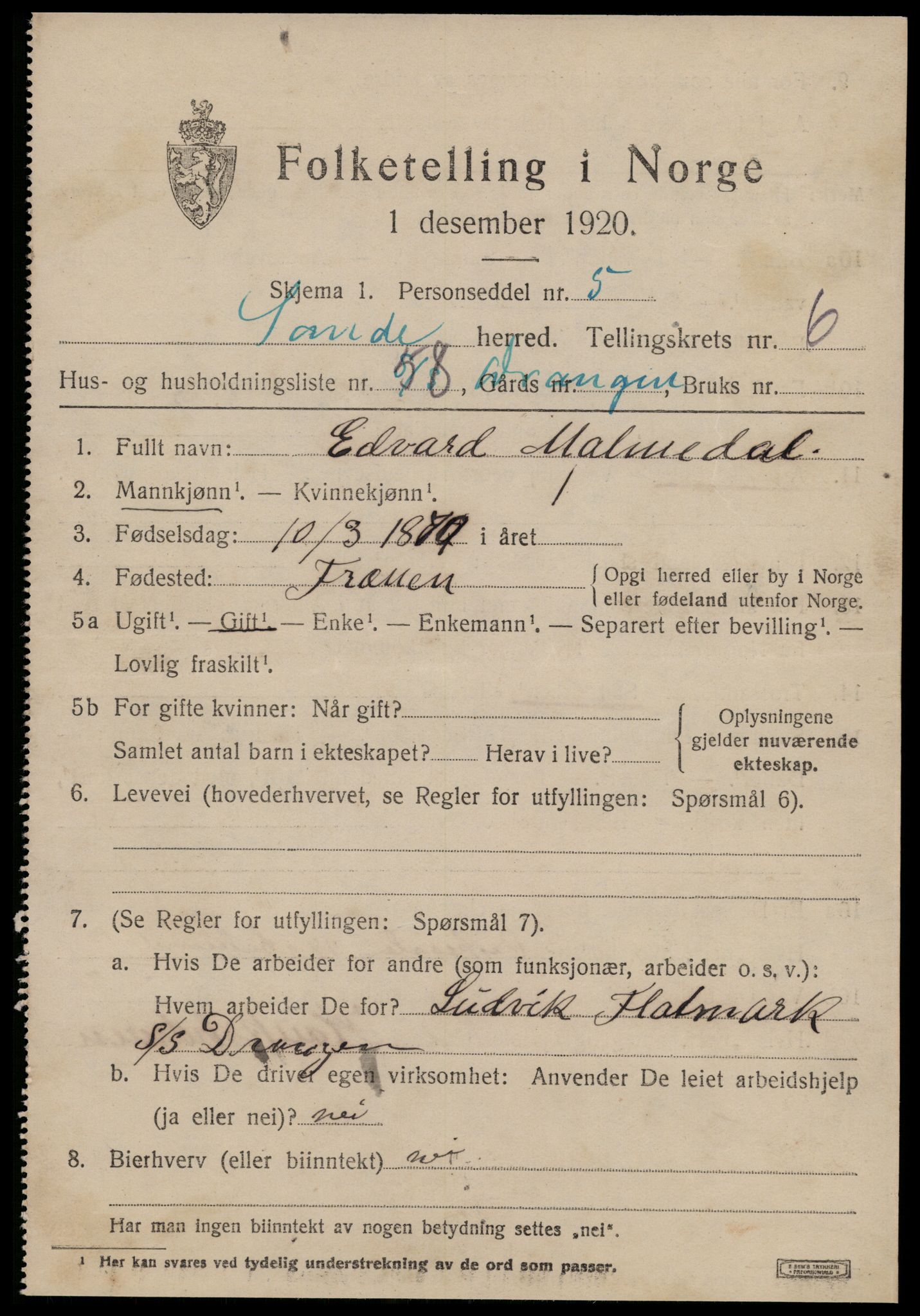 SAT, 1920 census for Sande (MR), 1920, p. 4266