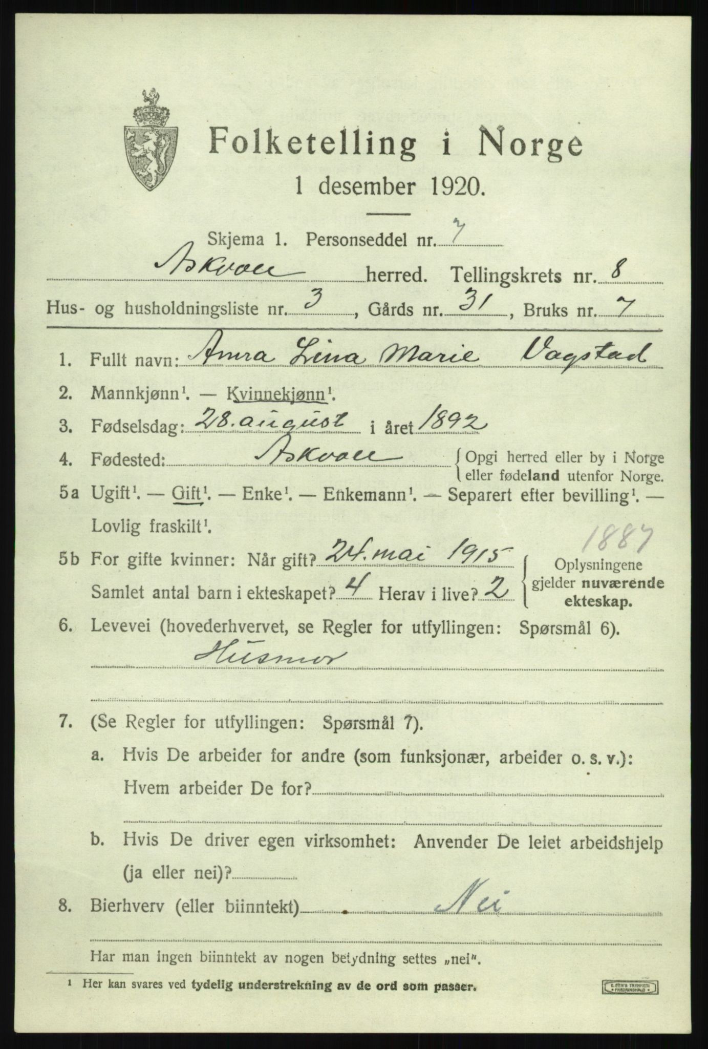 SAB, 1920 census for Askvoll, 1920, p. 3622