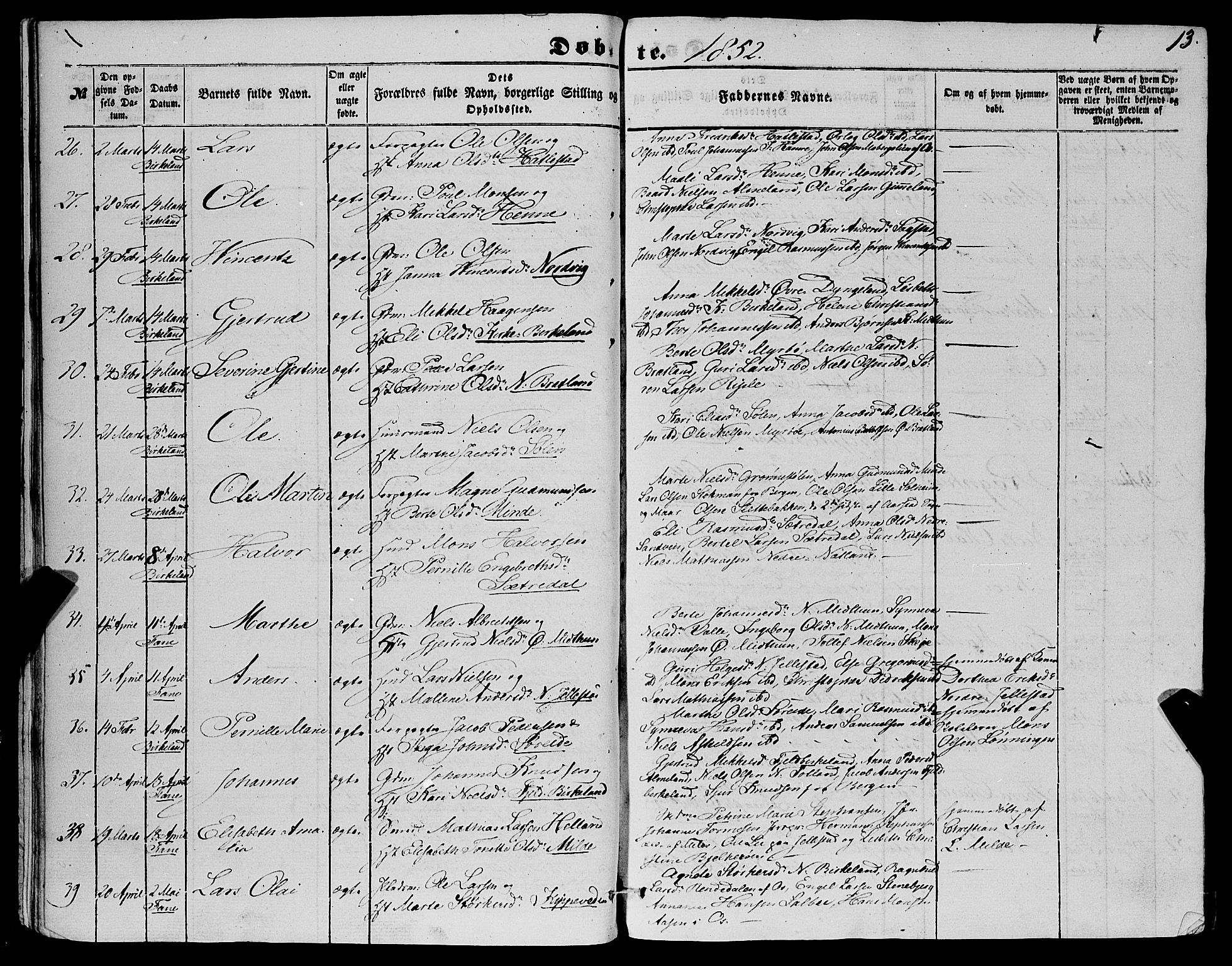 Fana Sokneprestembete, AV/SAB-A-75101/H/Haa/Haaa/L0011: Parish register (official) no. A 11, 1851-1862, p. 13